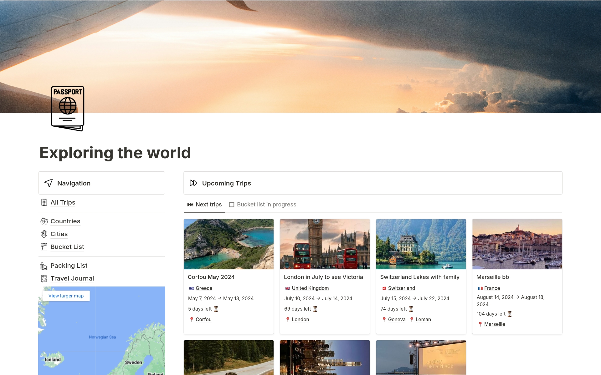Eine Vorlagenvorschau für Ultimate Exploring the World & Travel dashboard