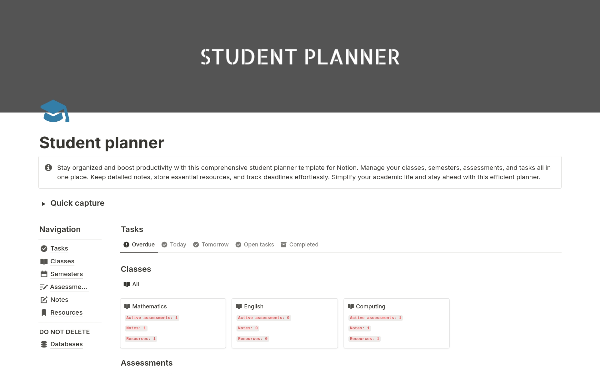 A template preview for Student planner