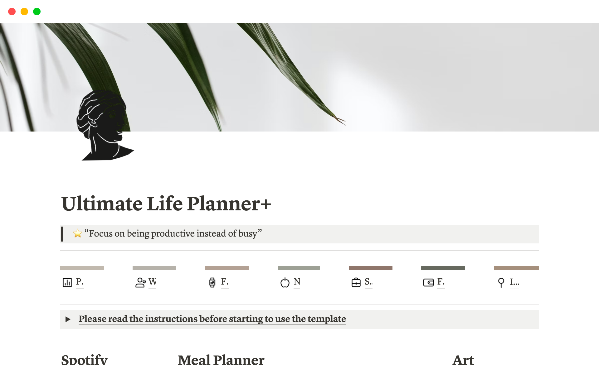 Eine Vorlagenvorschau für All-in-one Life Planner Notion Template