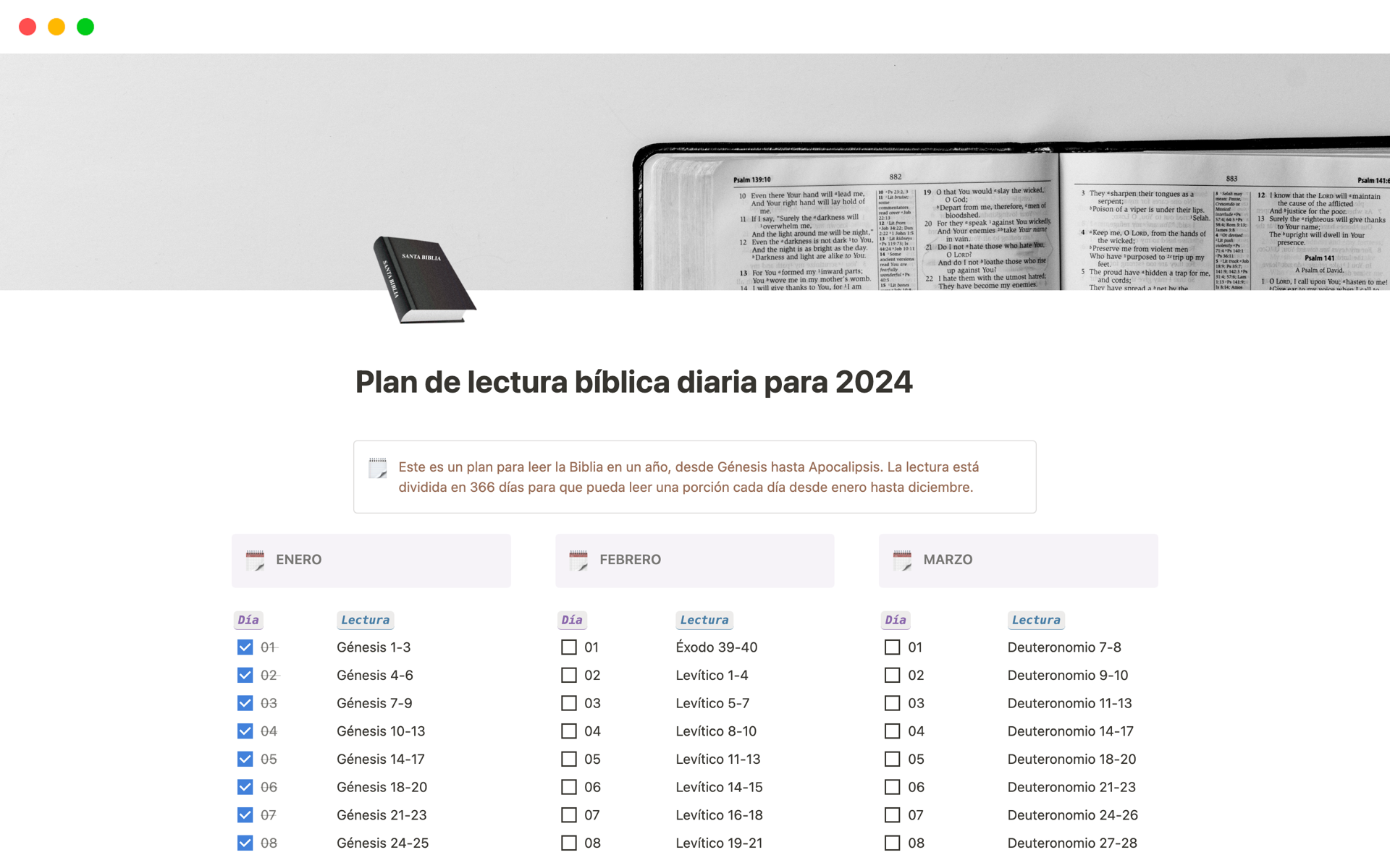Vista previa de una plantilla para Plan de lectura bíblica diaria para 2024