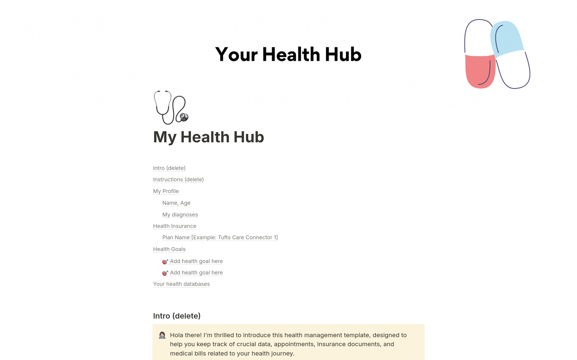 A template preview for My Health Hub
