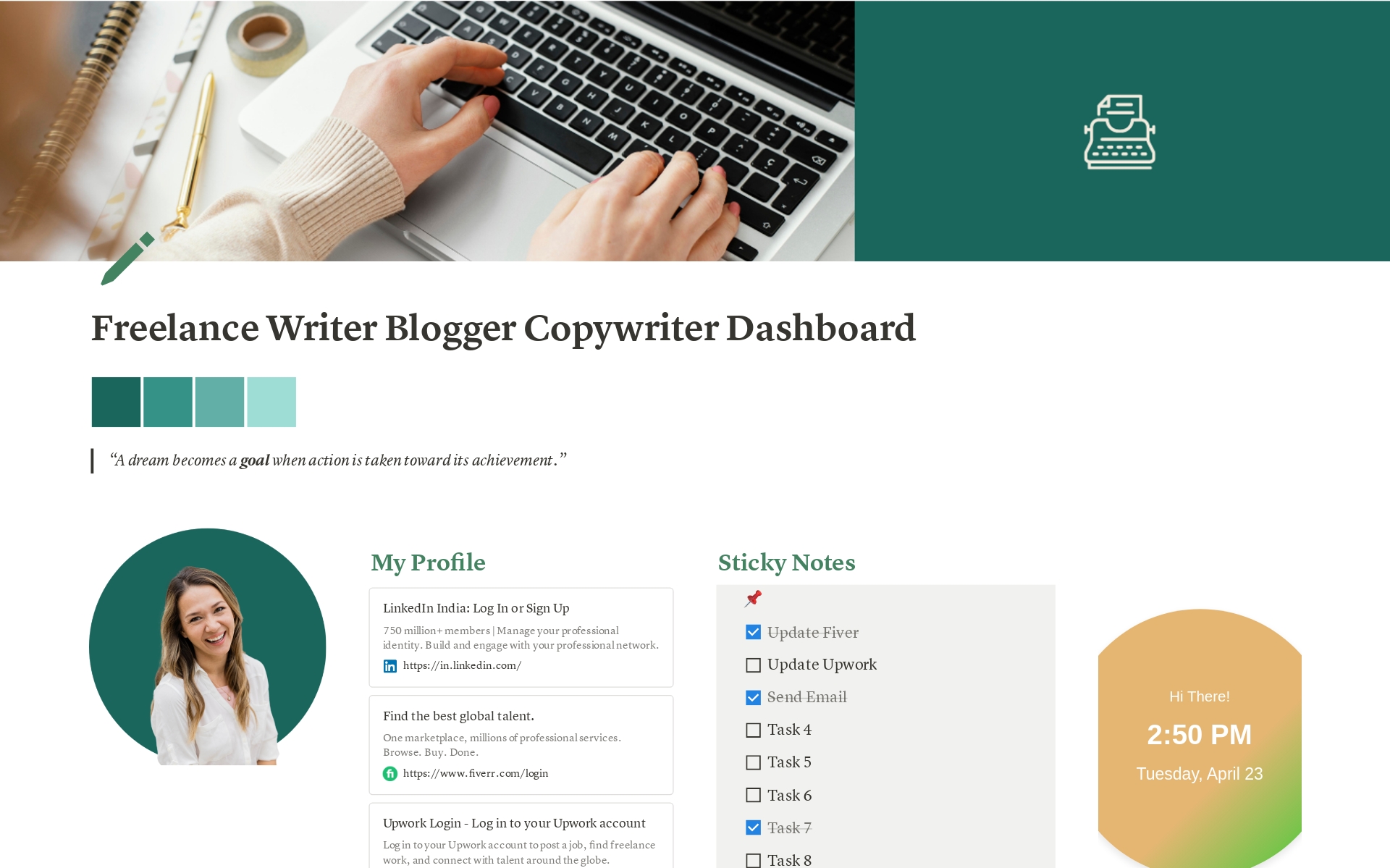 Vista previa de una plantilla para Freelance Writer Copywriters Bloggers Dashboard