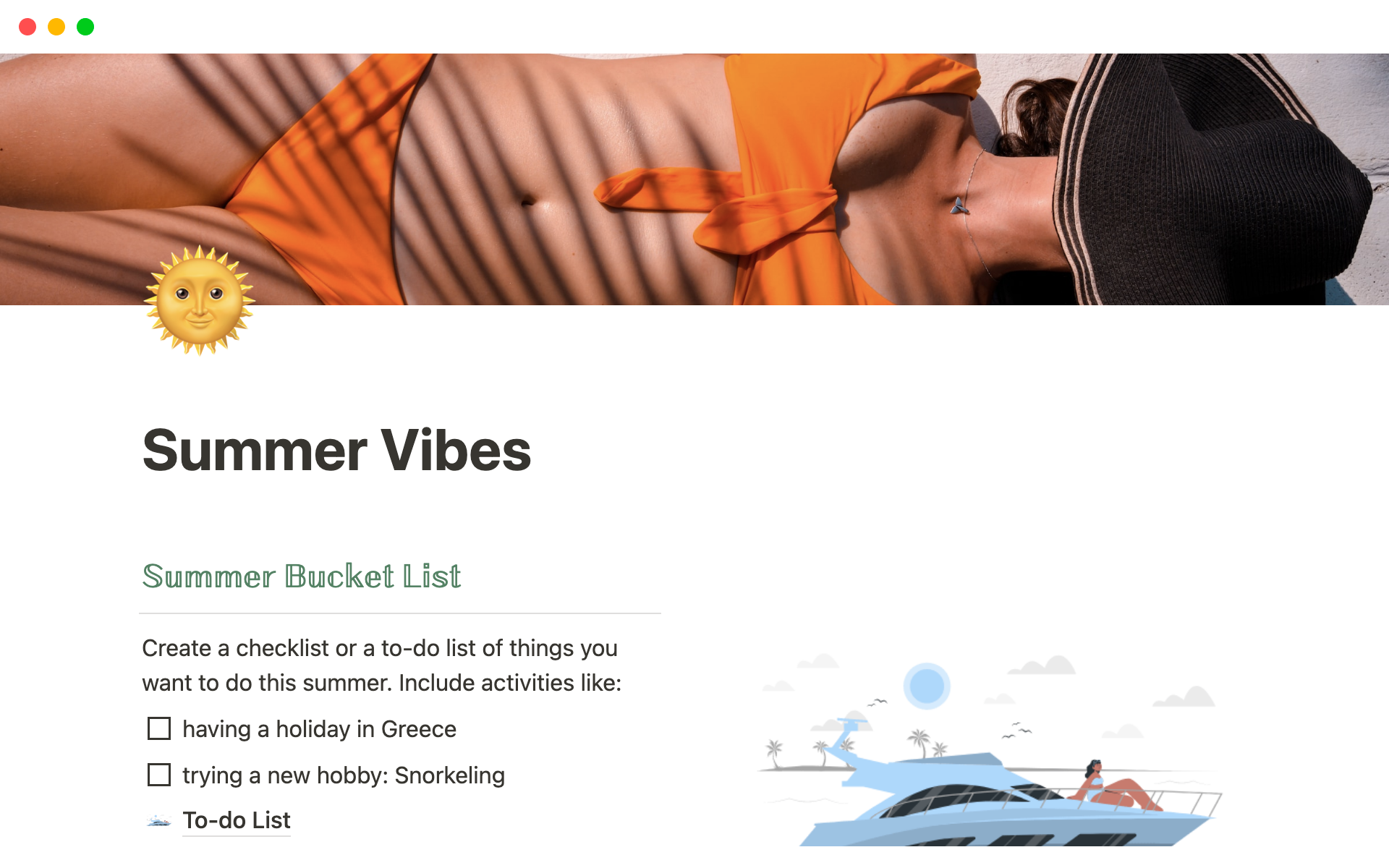 The Summer Vibes Notion Template provides a range of features such as animated gifs, a to-do planner, journal, gallery, and quotes to help users capture and celebrate the spirit of the summer season.