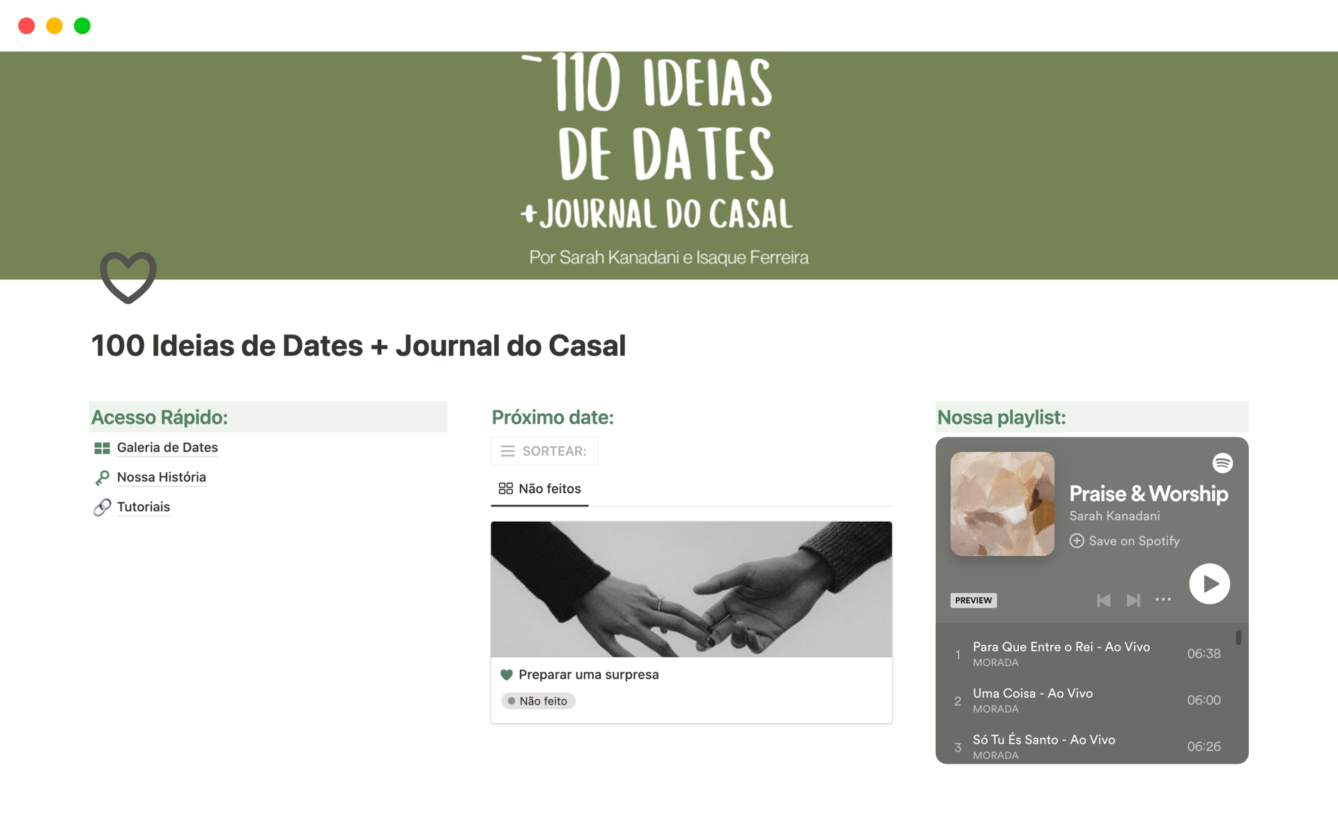 A template preview for 100 Ideias de Dates + Journal do Casal 