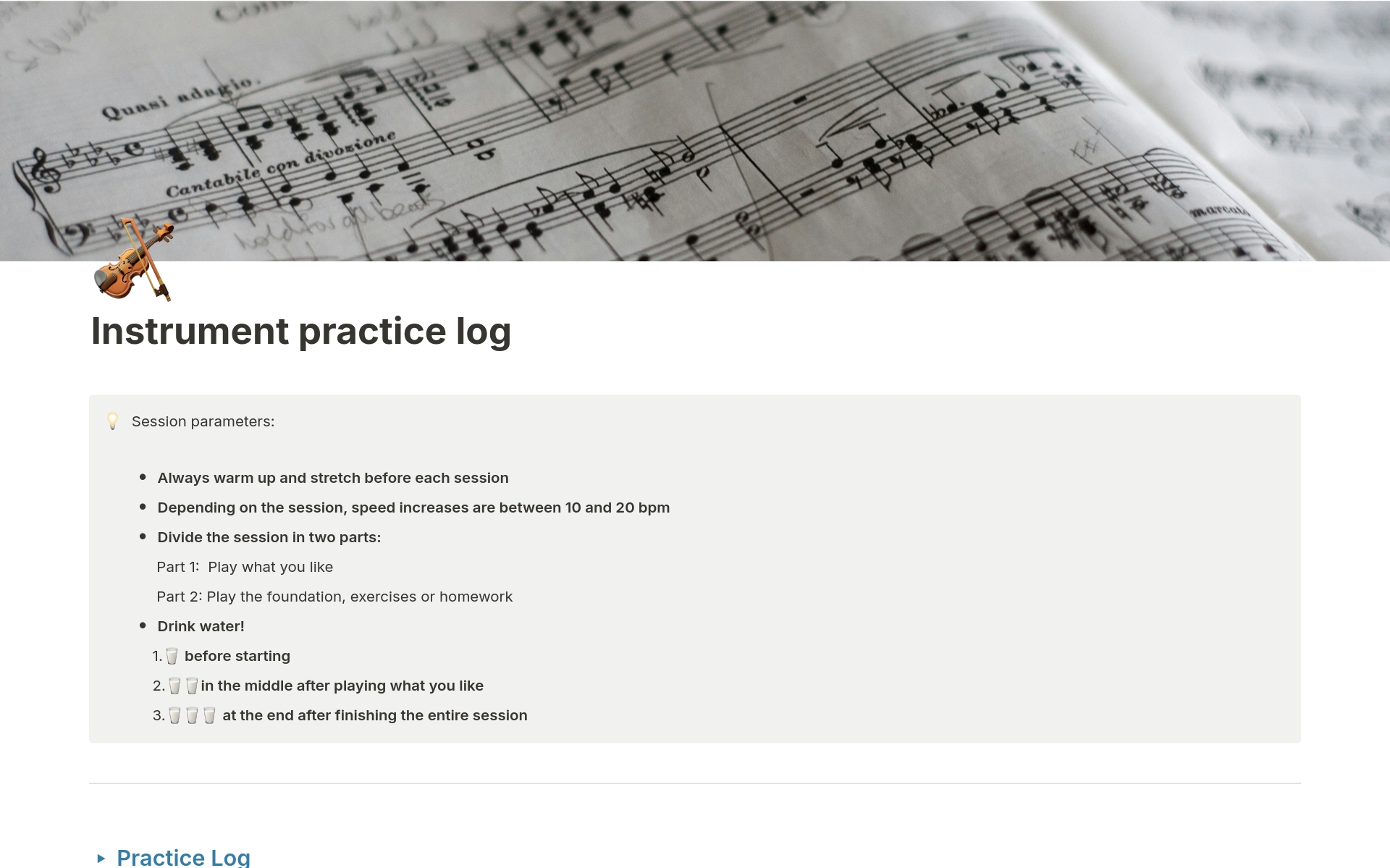 En forhåndsvisning av mal for Musical Instrument practice log