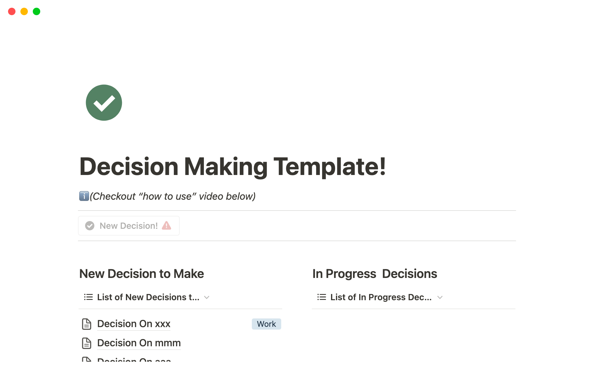A template preview for Decision Making Notion Template