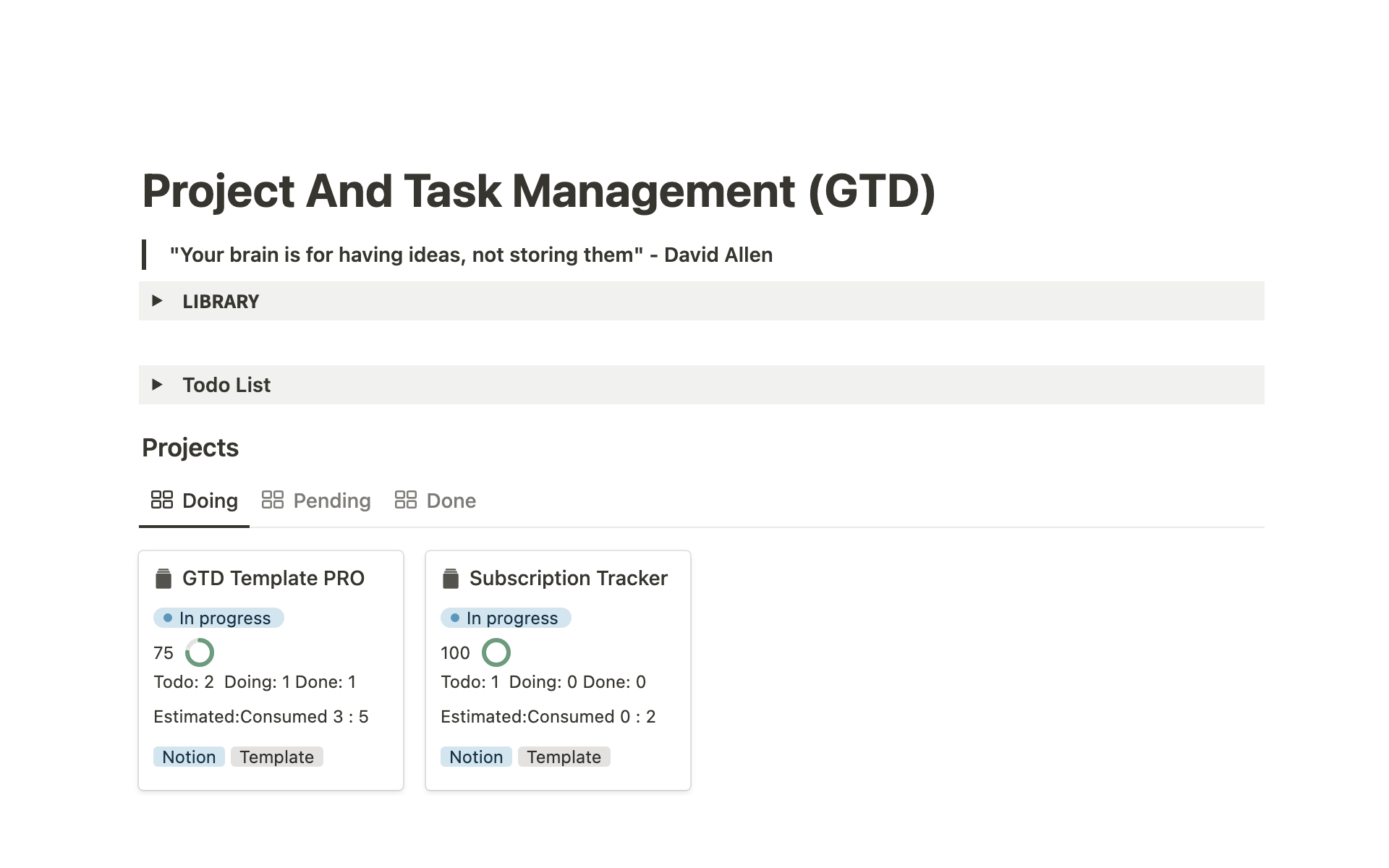 Vista previa de una plantilla para Project And Task Management (GTD)