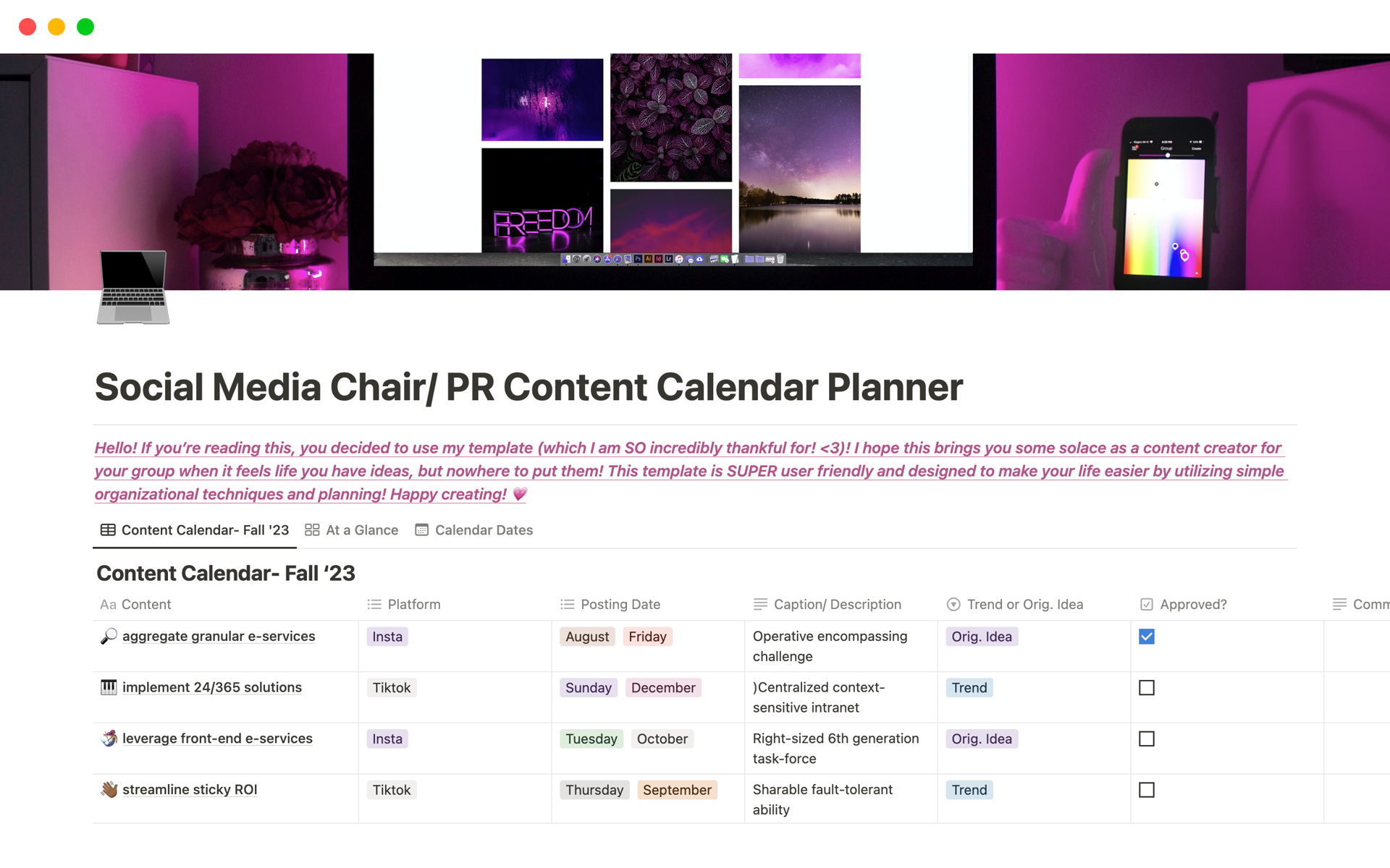 A template preview for Social Media Chair/ PR Content Calendar Planner
