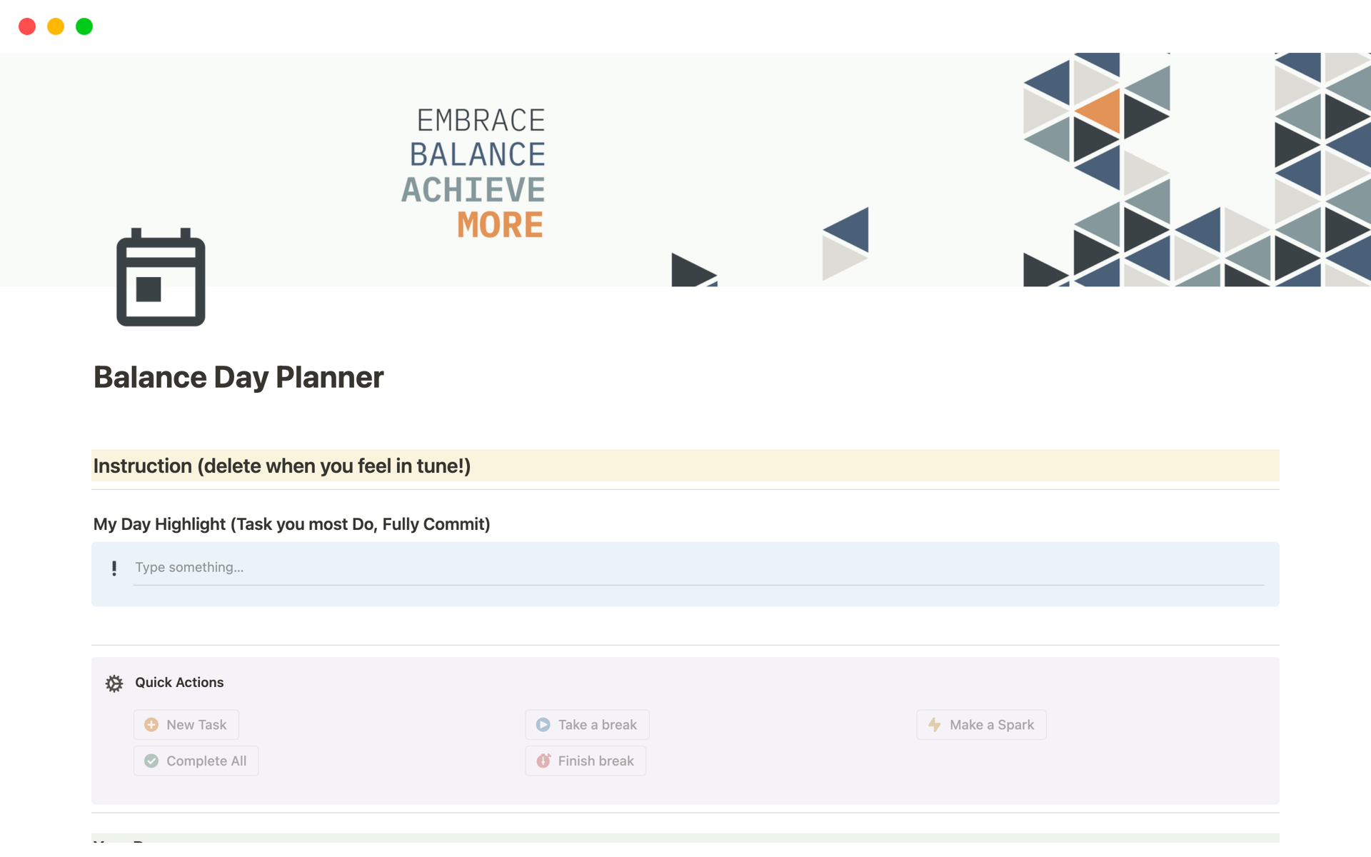 A template preview for Balance Day Planner