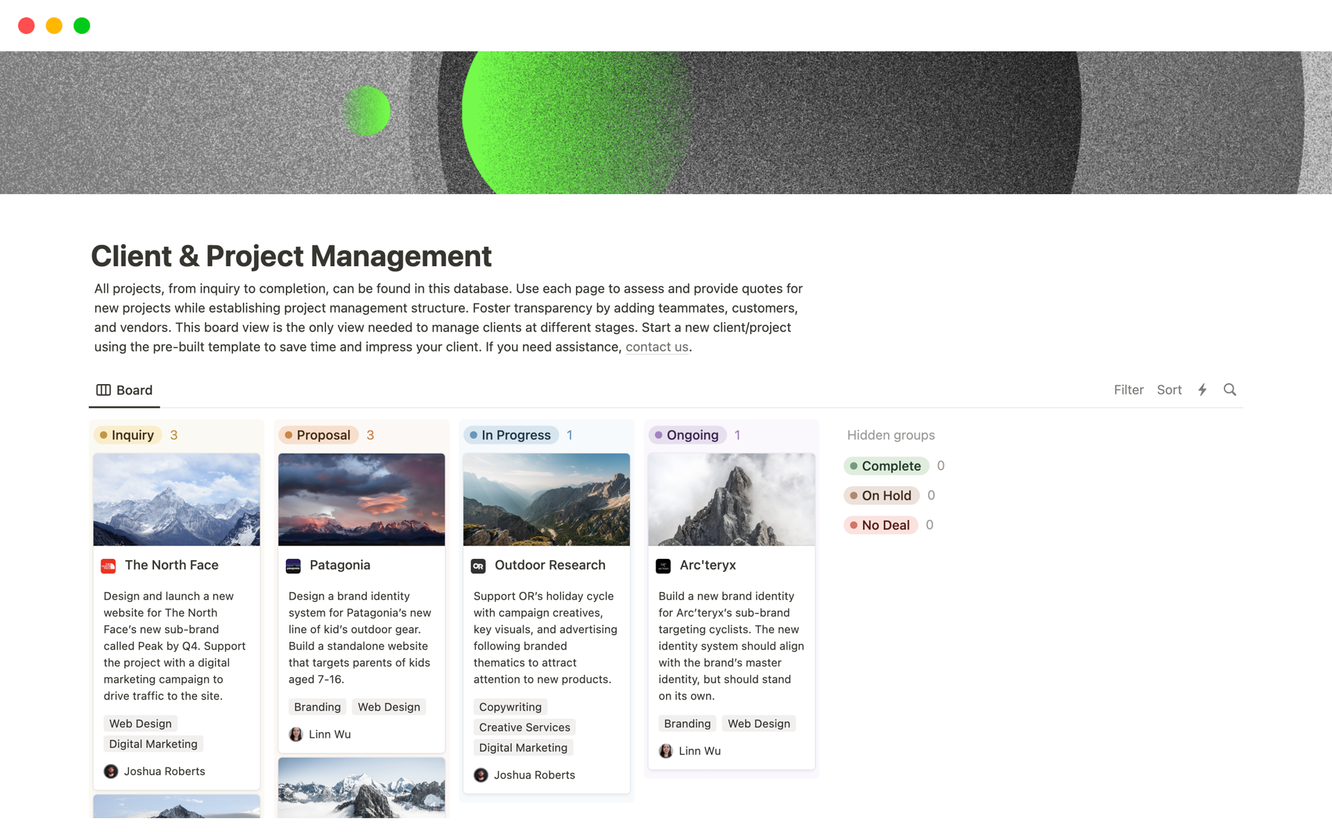Vista previa de una plantilla para StartOps: Client & Project Management