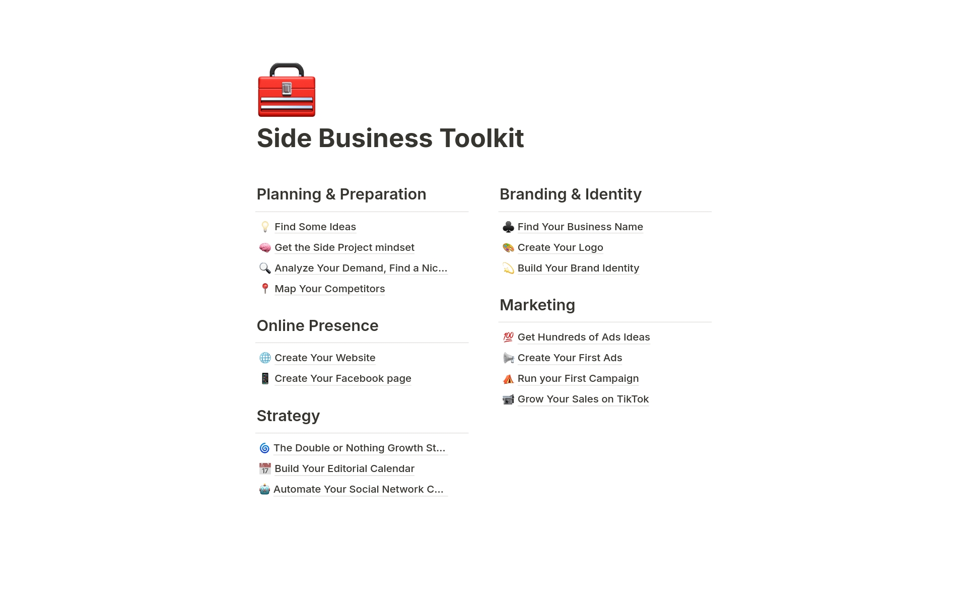 A template preview for Side Business Toolkit