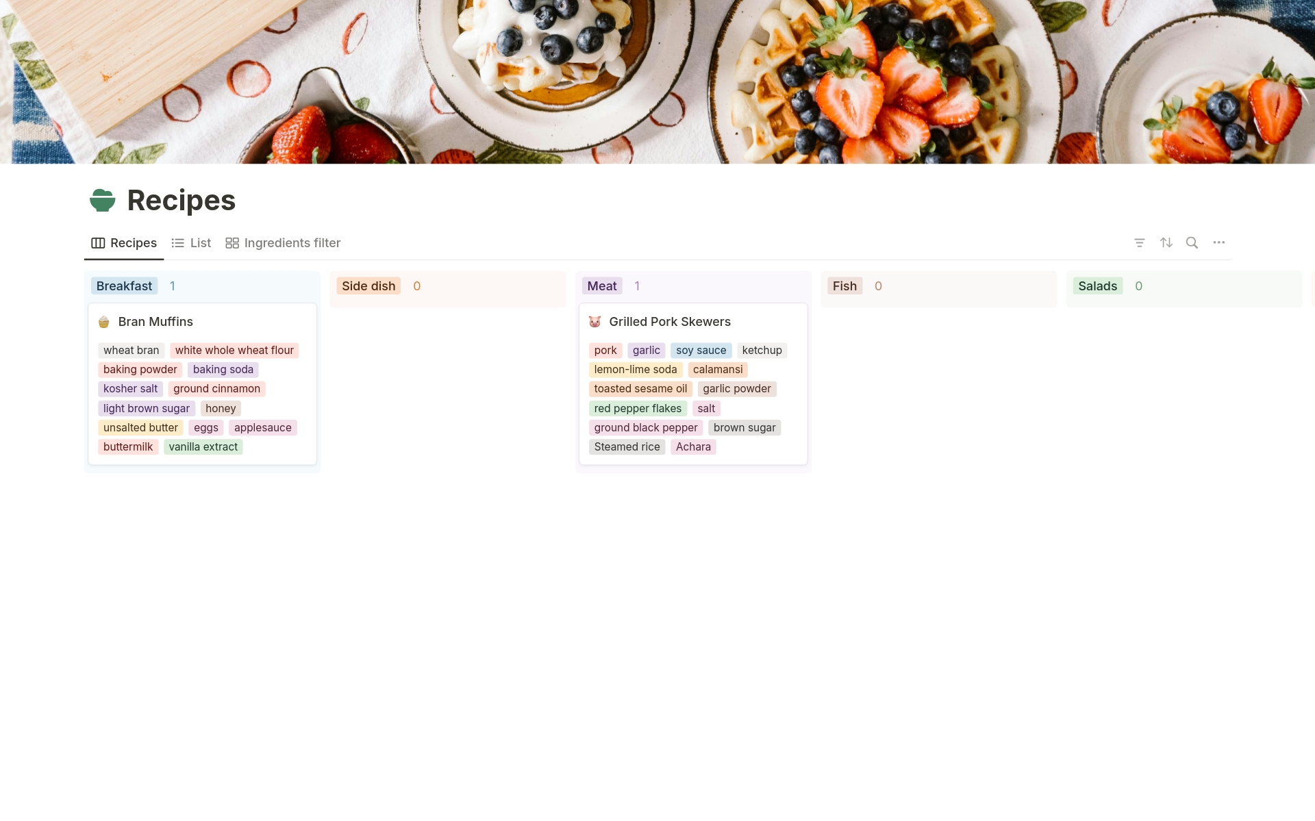 A template preview for Recipes
