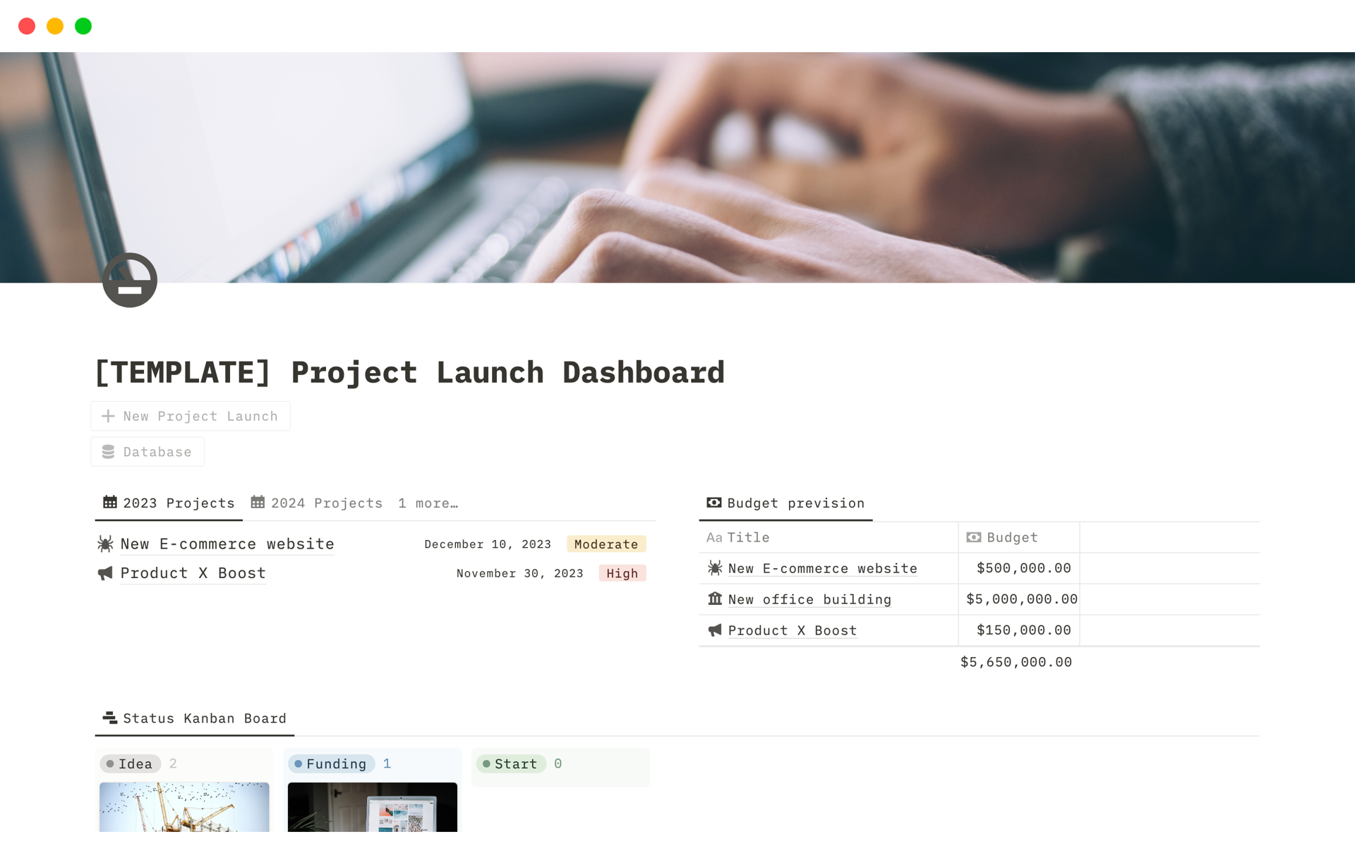 A template preview for Project Launch Dashboard