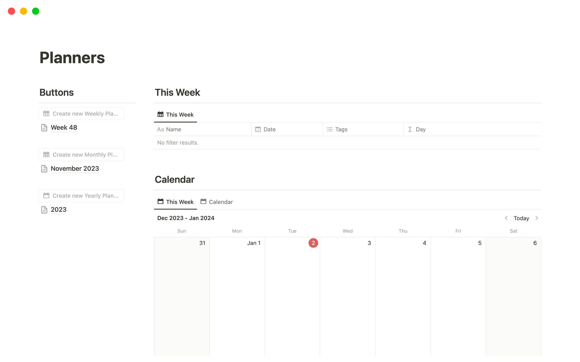 A template preview for Daily, Weekly, Monthly and Yearly Planners
