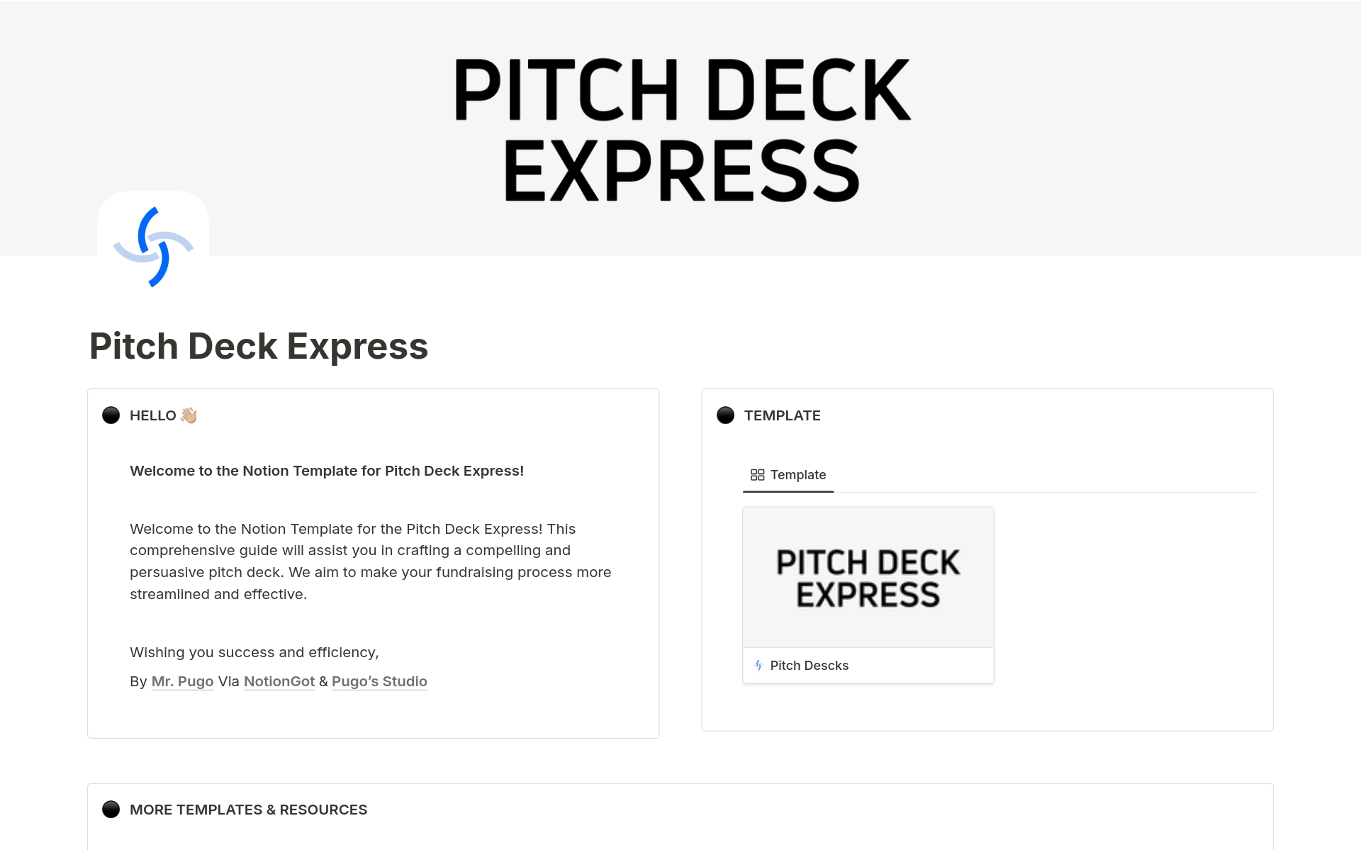 A template preview for Pitch Deck Express (Outline Fundraising)