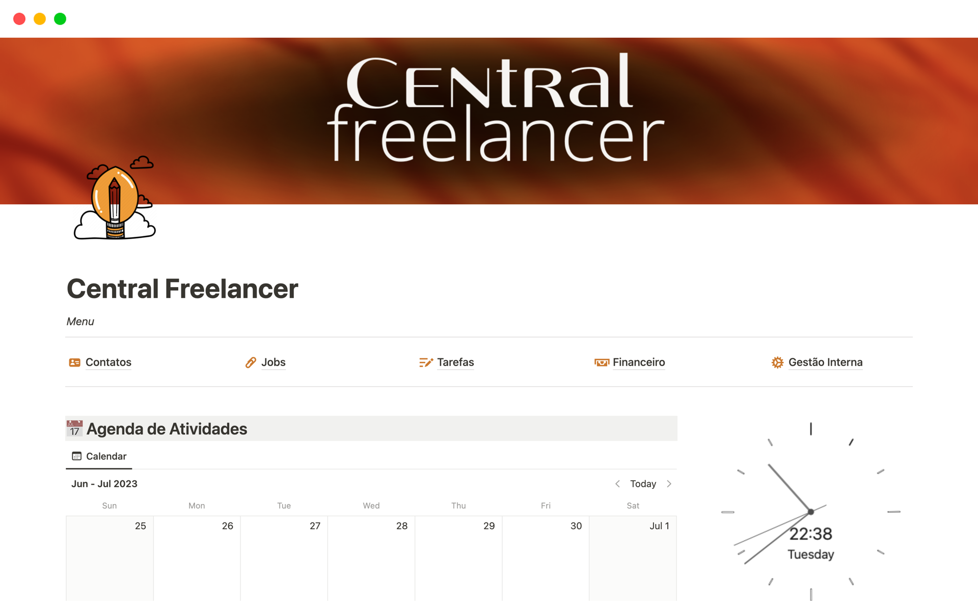 A Central Freelancer é um template do Notion feito para qualquer pessoa que preste serviços! Nela você encontra a forma mais intuitiva e descomplicada de gerenciar seu negócio com excelência.