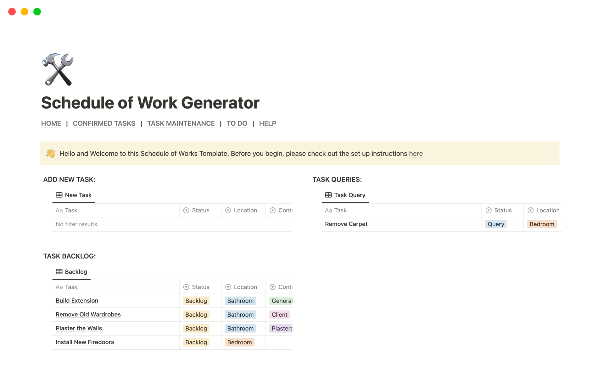 Uma prévia do modelo para Schedule of Construction Work Generator