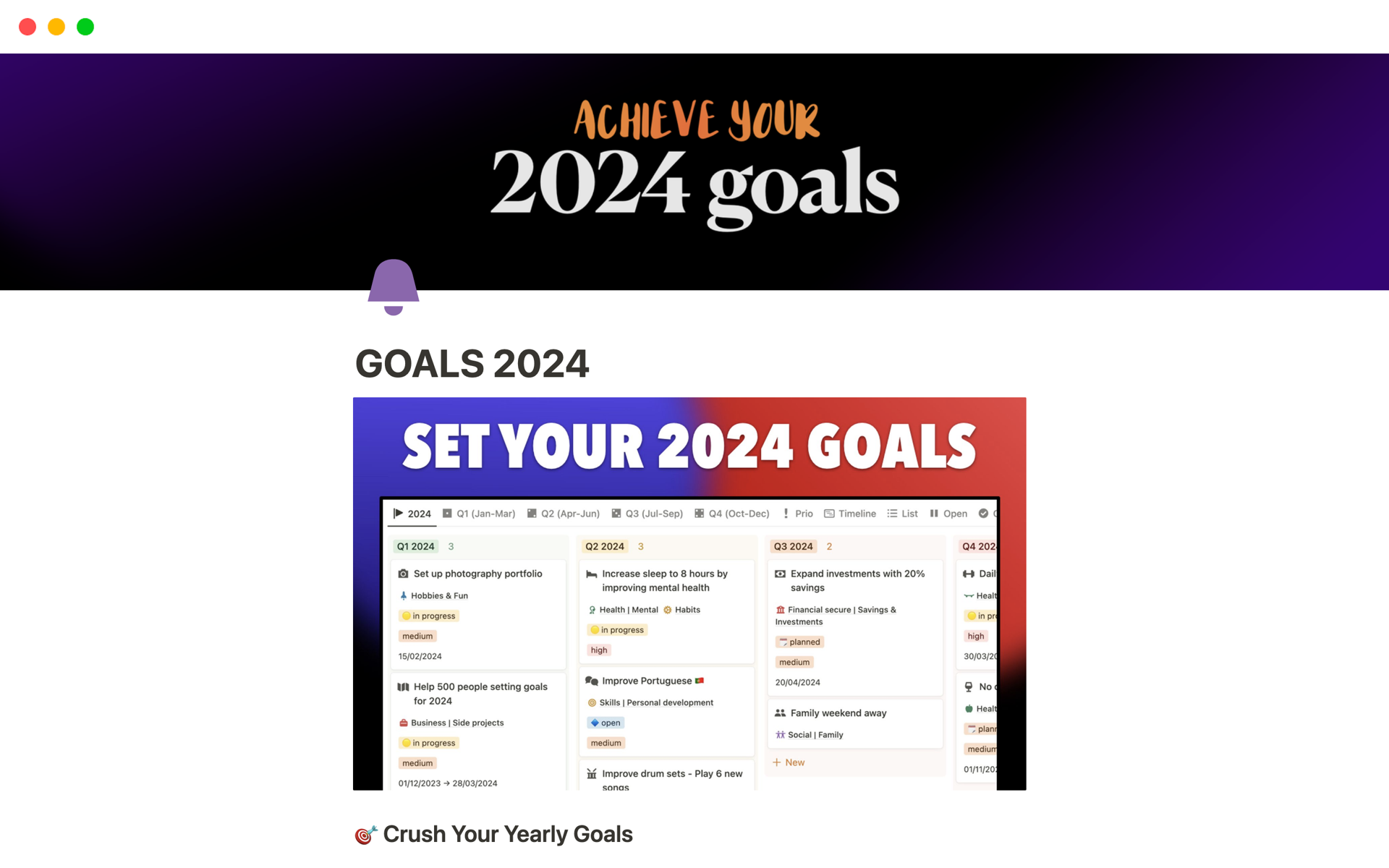 Eine Vorlagenvorschau für Goals 2024