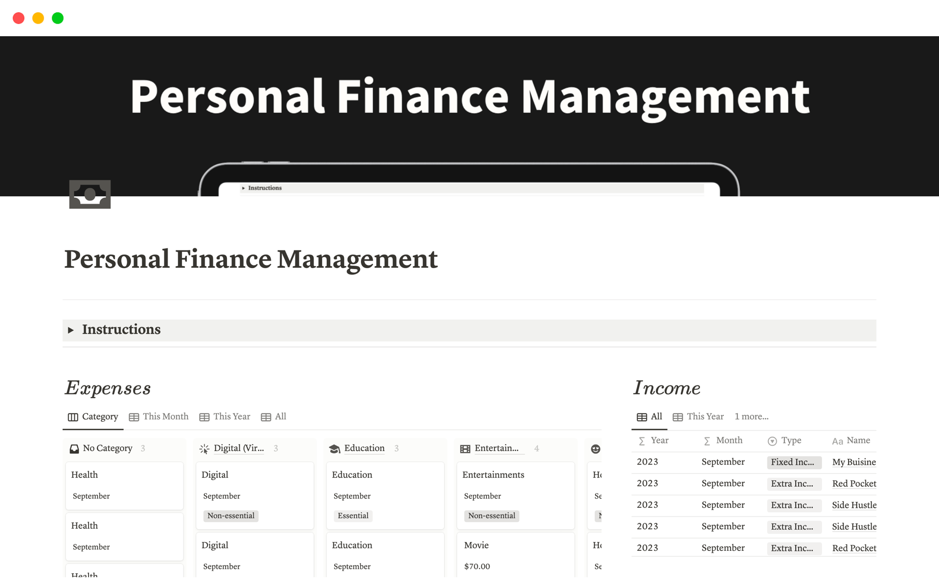 Eine Vorlagenvorschau für Personal Finance Management