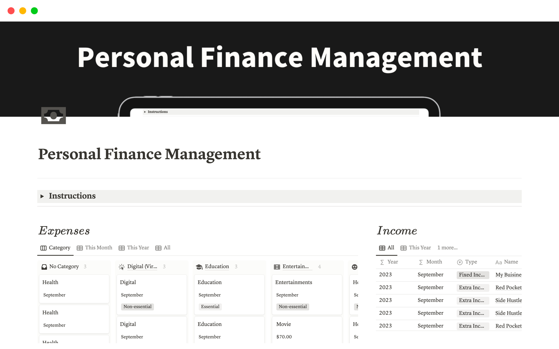 A template preview for Personal Finance Management