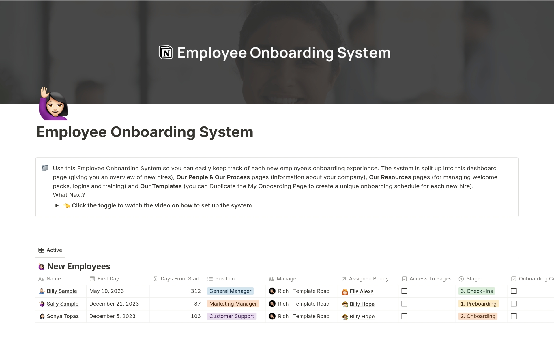A template preview for Employee Onboarding System