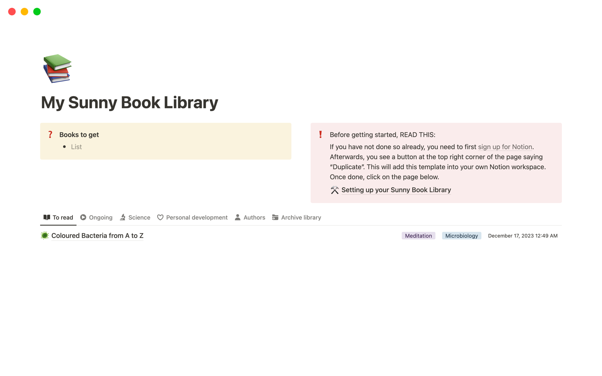 A template preview for My Sunny Book Library