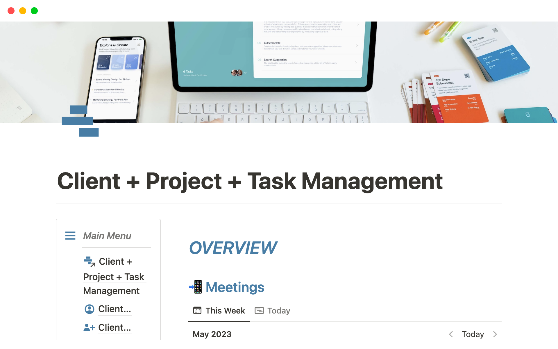 A template preview for Client + Project + Task Management [2023]