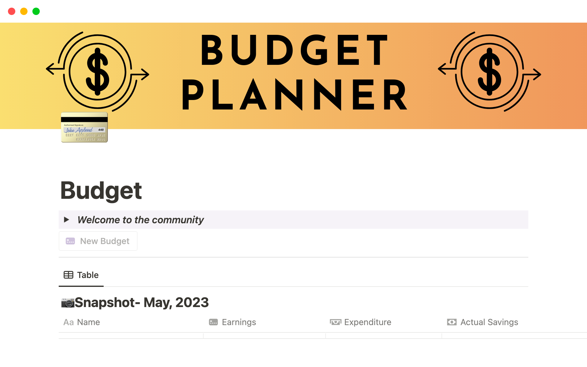 Uma prévia do modelo para Budget Planner