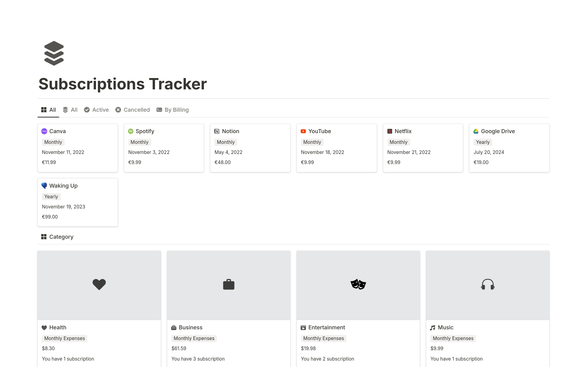 A template preview for Subscriptions Tracker