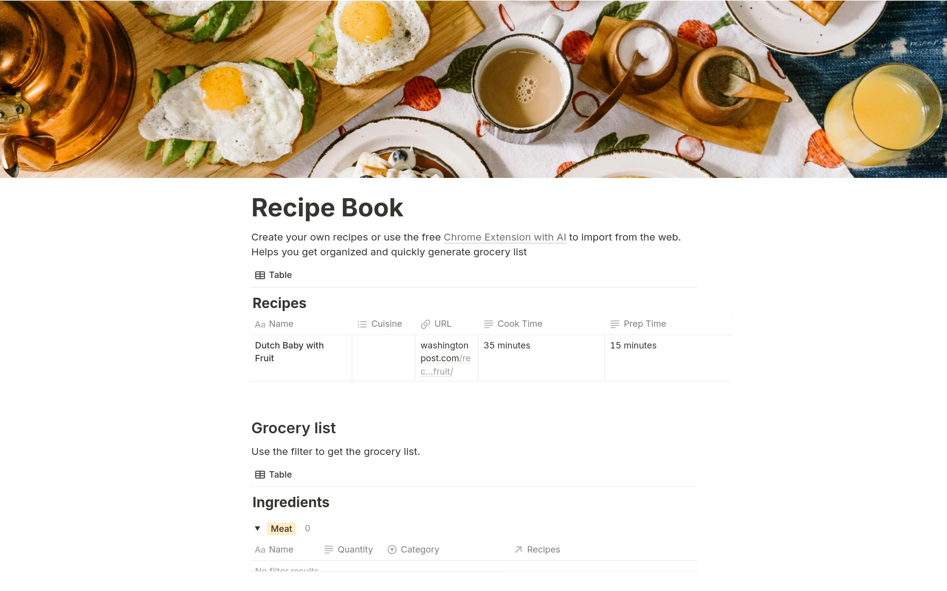 Organize a cookbook & shoplist in Notion from across the web using AI Chrome Extension. You can manually add recipes in tandem with AI imports from across the web. Use the Notion template for grocery list and meal planning. 
