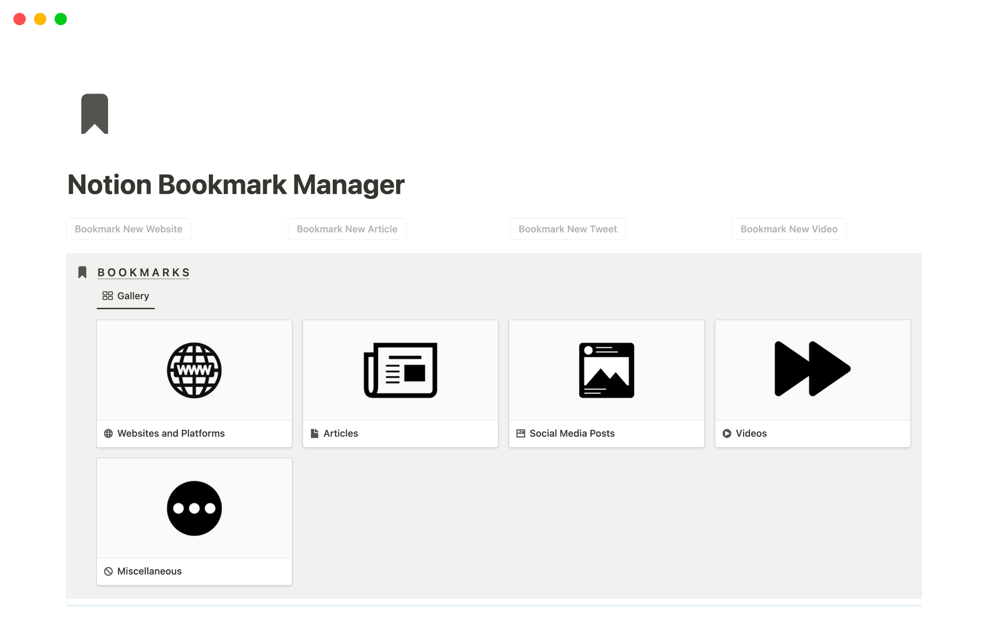 Uma prévia do modelo para Notion Bookmark Manager