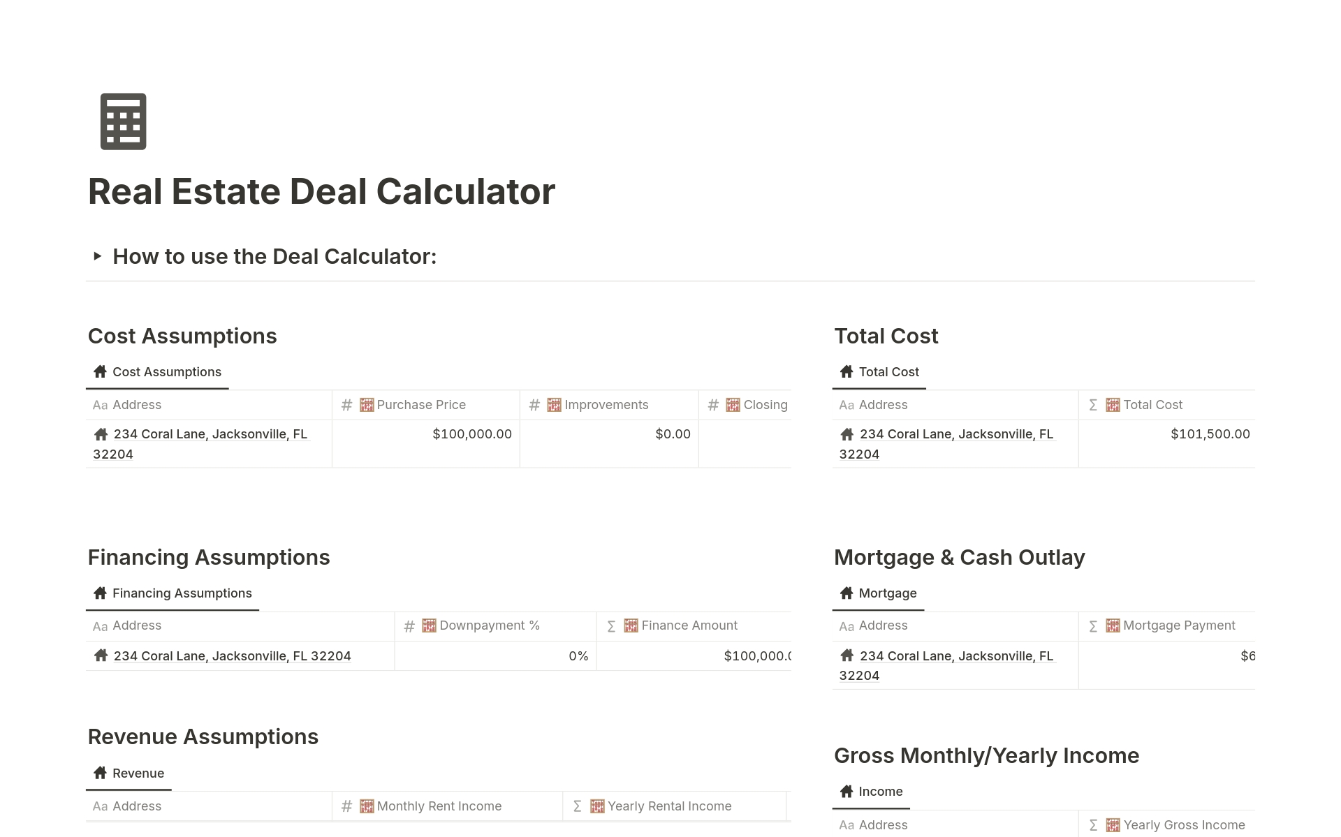 Real Estate Deal Calculator Notion Template