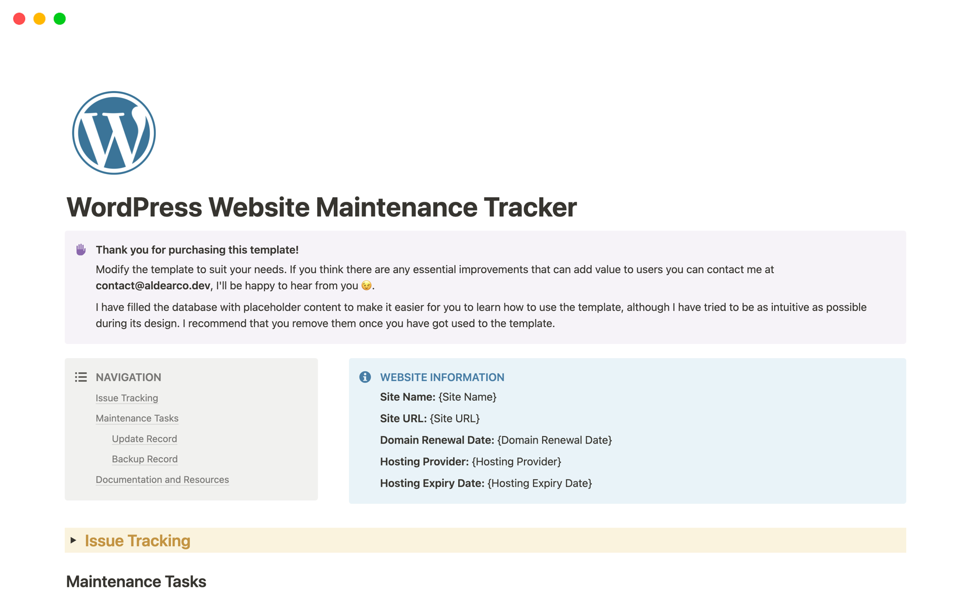 A template preview for WordPress Website Maintenance Tracker