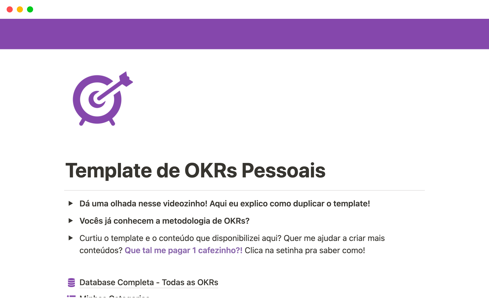 A template preview for OKRs Pessoais