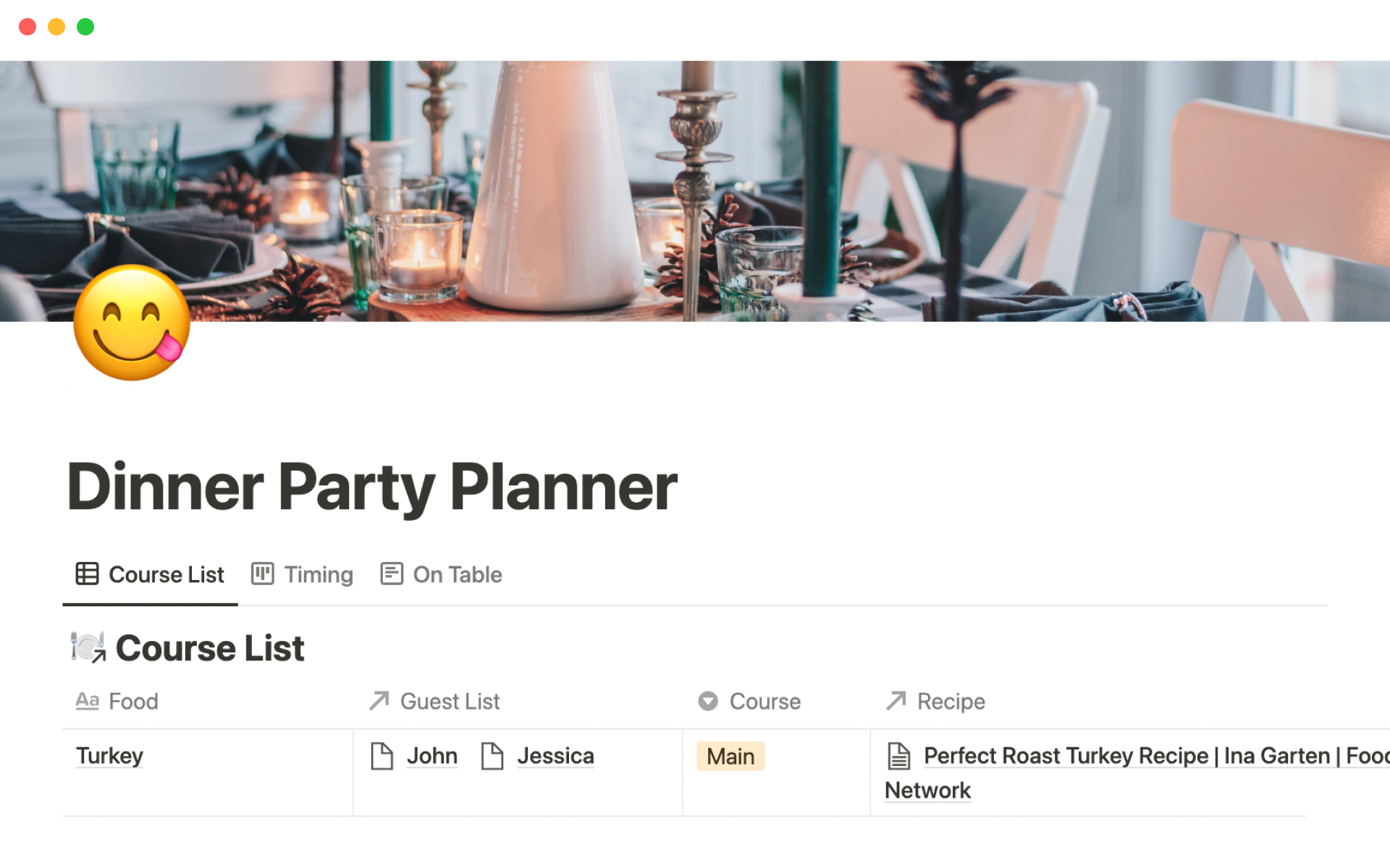 A template preview for Dinner party planner