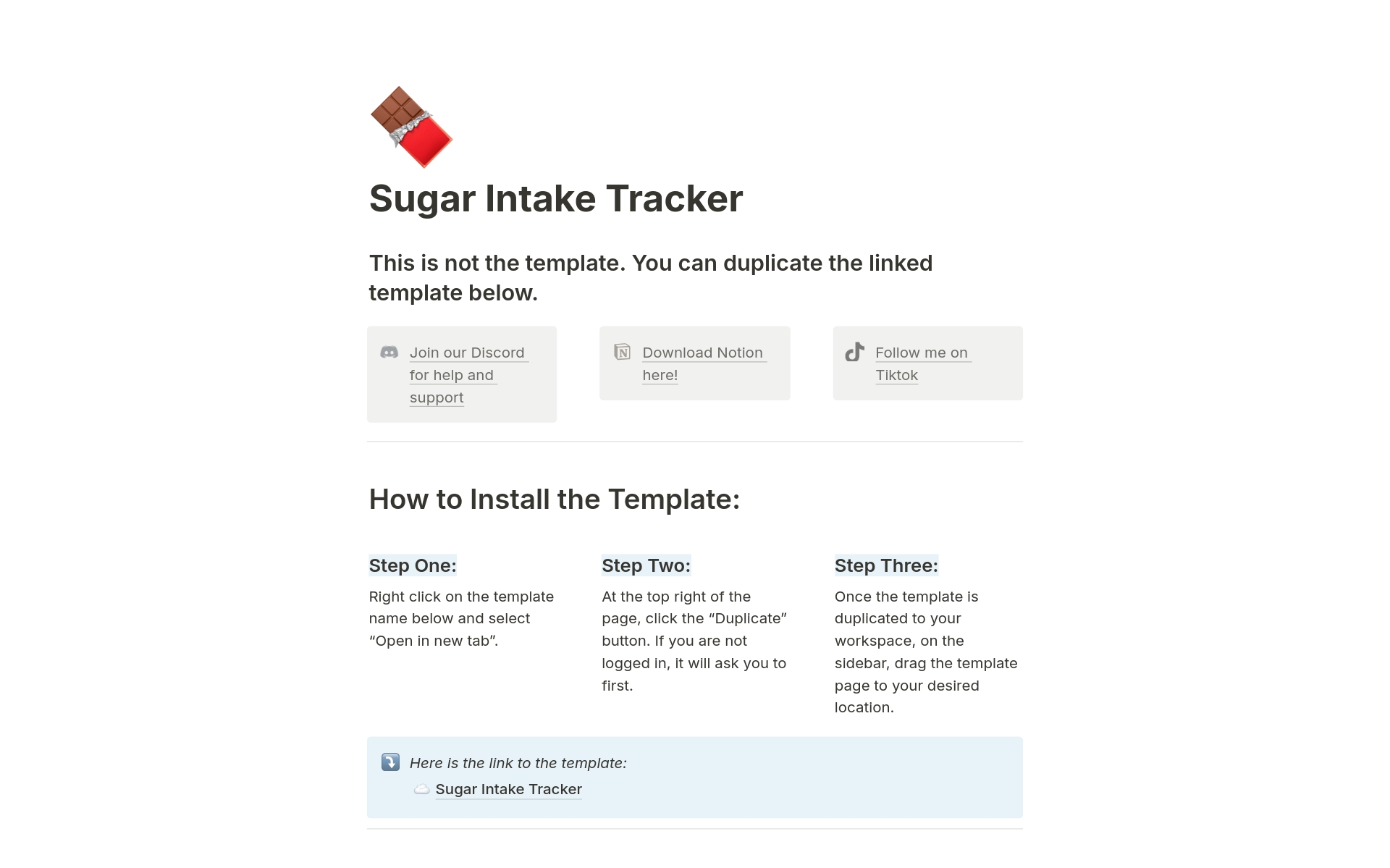 A single-page Notion template that is used to track your daily sugar intake. With automation included, this template makes tracking your sugar a breeze. 