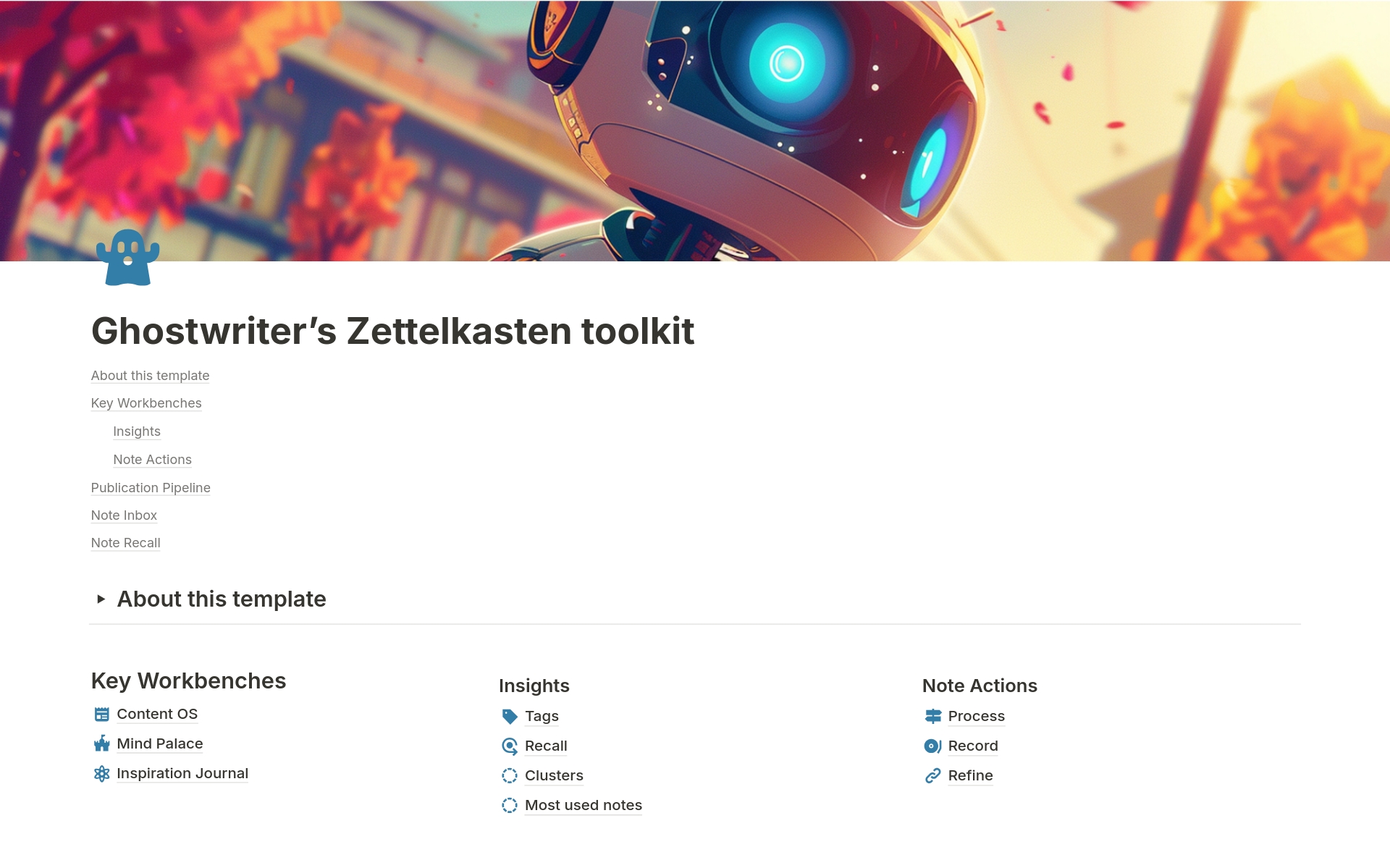 A template preview for Ghostwriter's Zettelkasten Toolkit