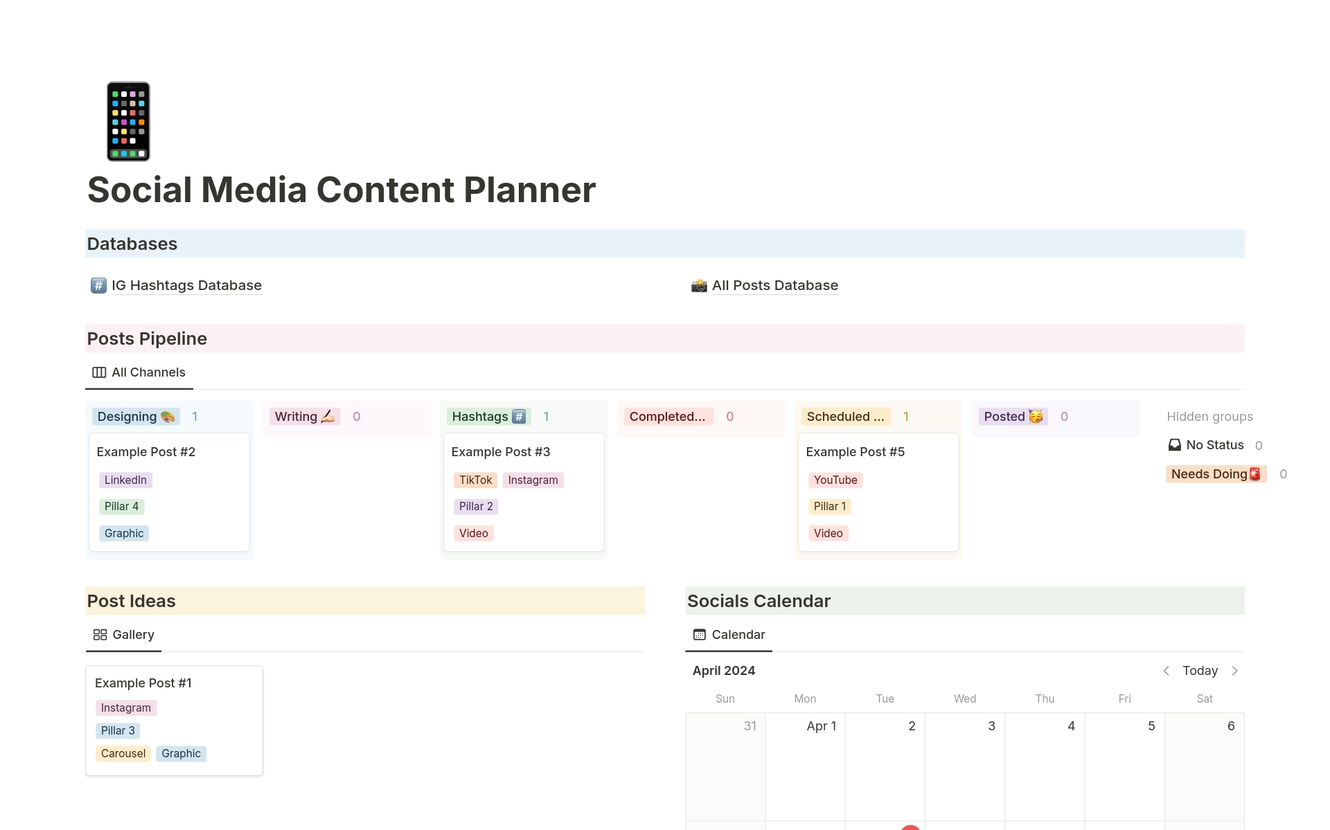 This Notion template is simple and easy to use system for tracking social media posts through the content creation pipeline.
