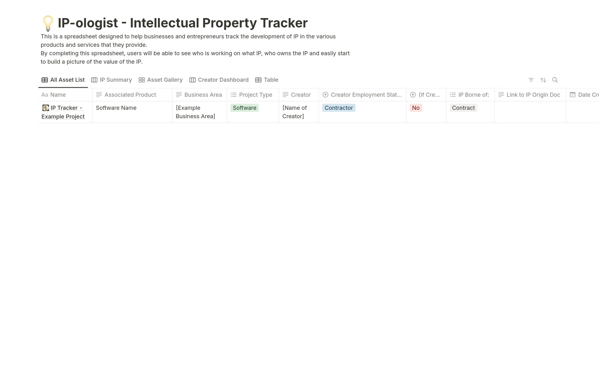 A template preview for Intellectual Property Asset Tracker
