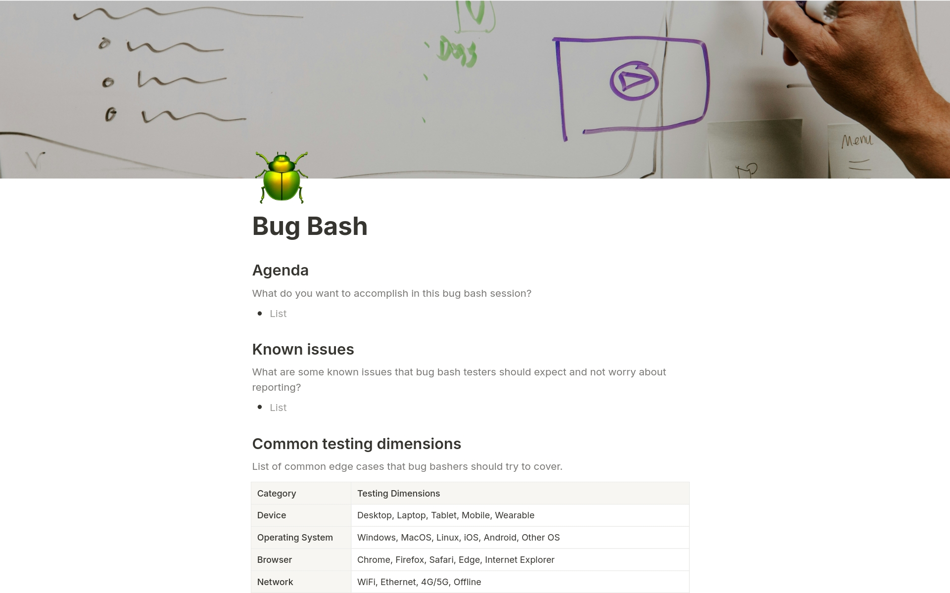 Uma prévia do modelo para Bug Bash