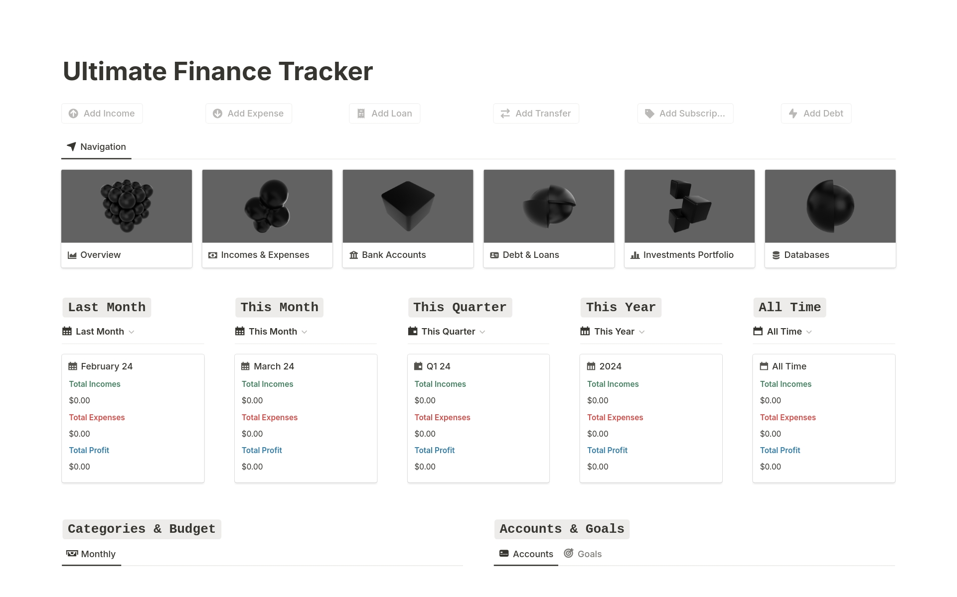 Uma prévia do modelo para The Ultimate Finance Tracker