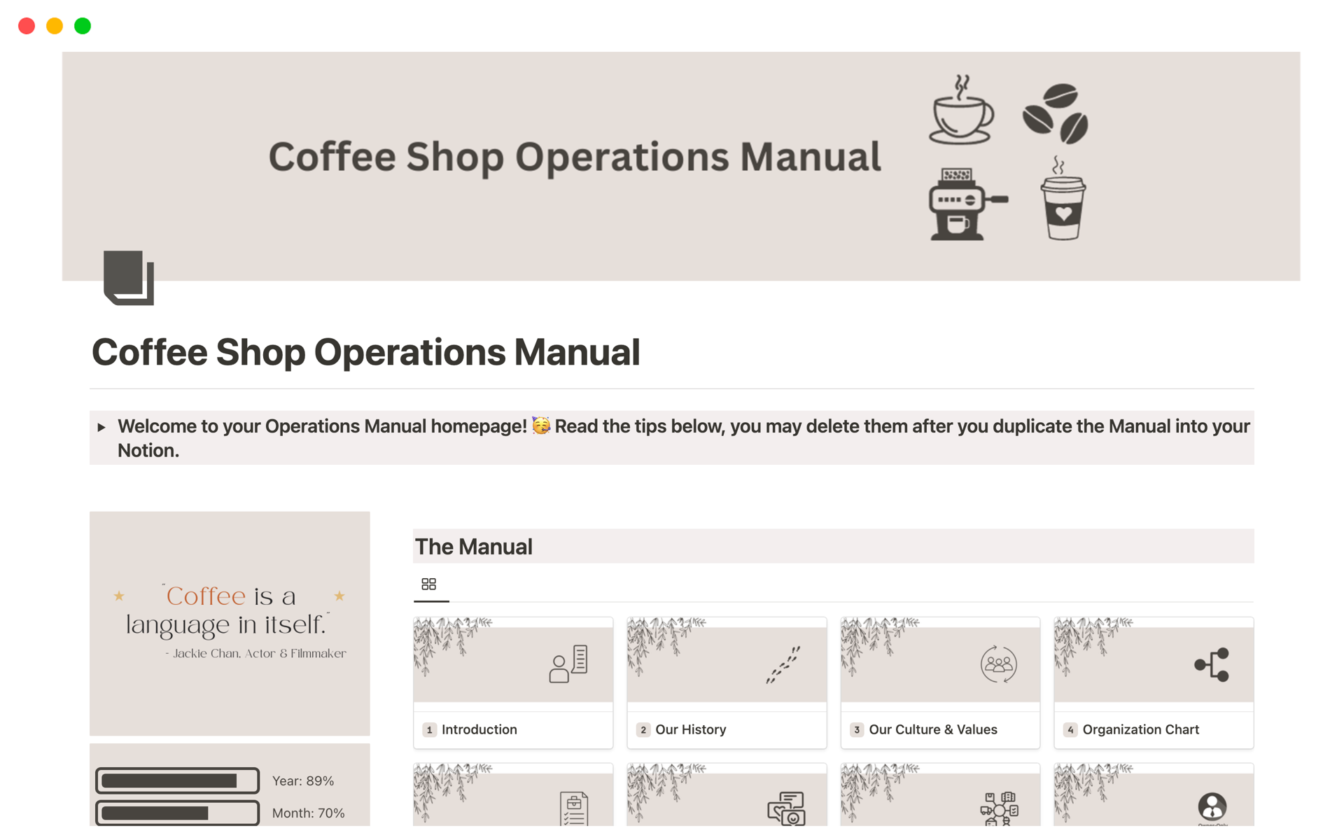 A template preview for Coffee Shop Operations Manual