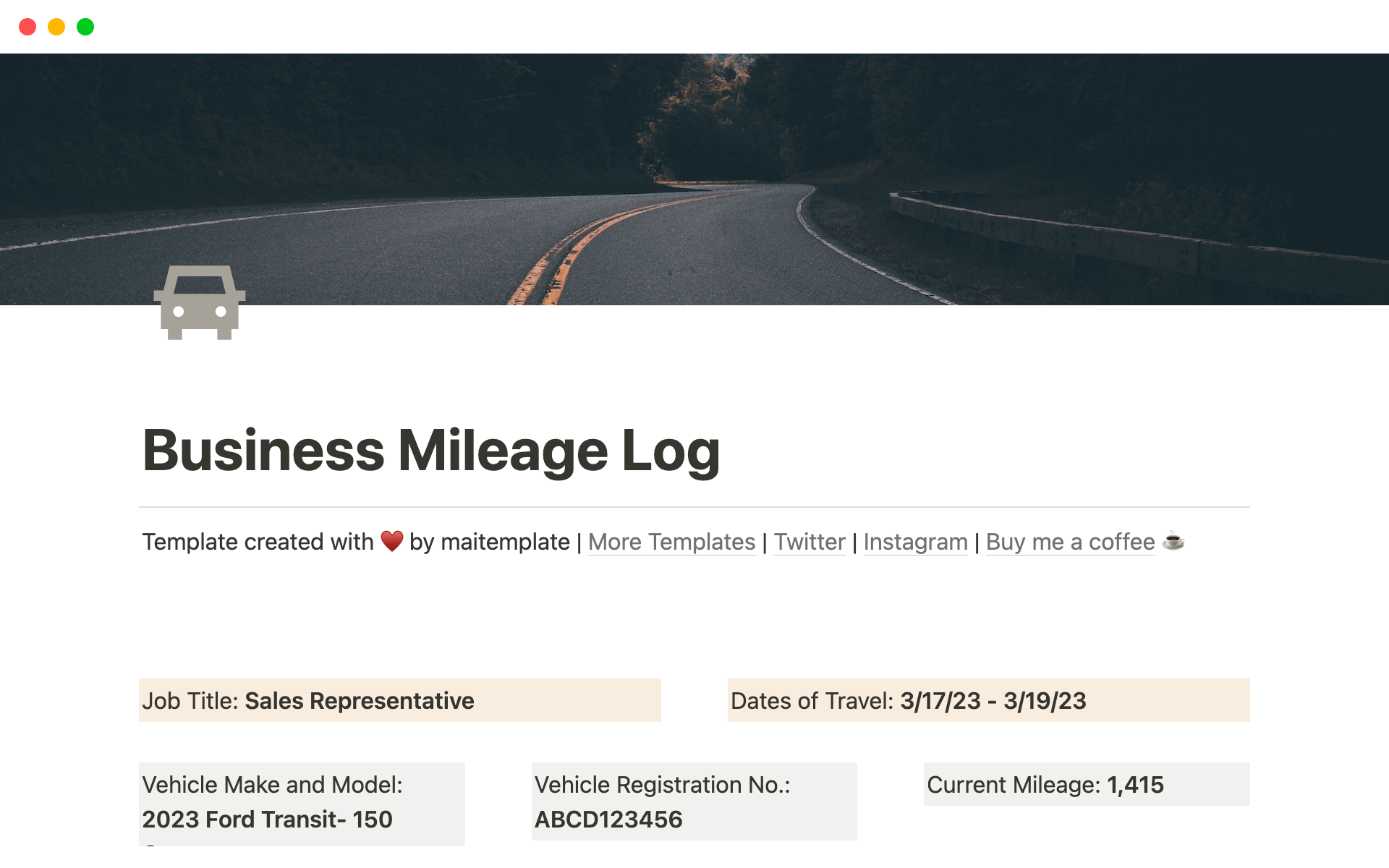 A template preview for Business Mileage Log