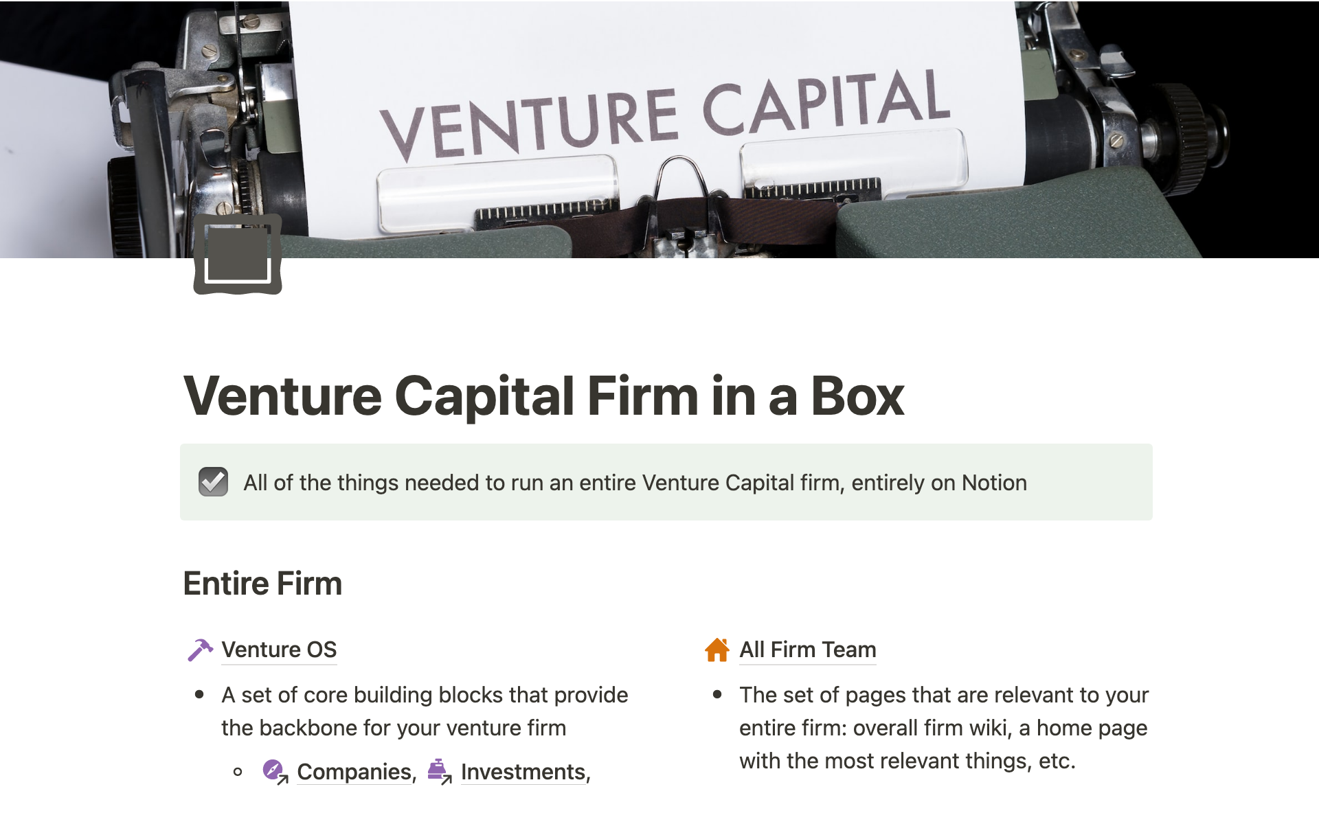 A template preview for Venture Capital Firm in a Box