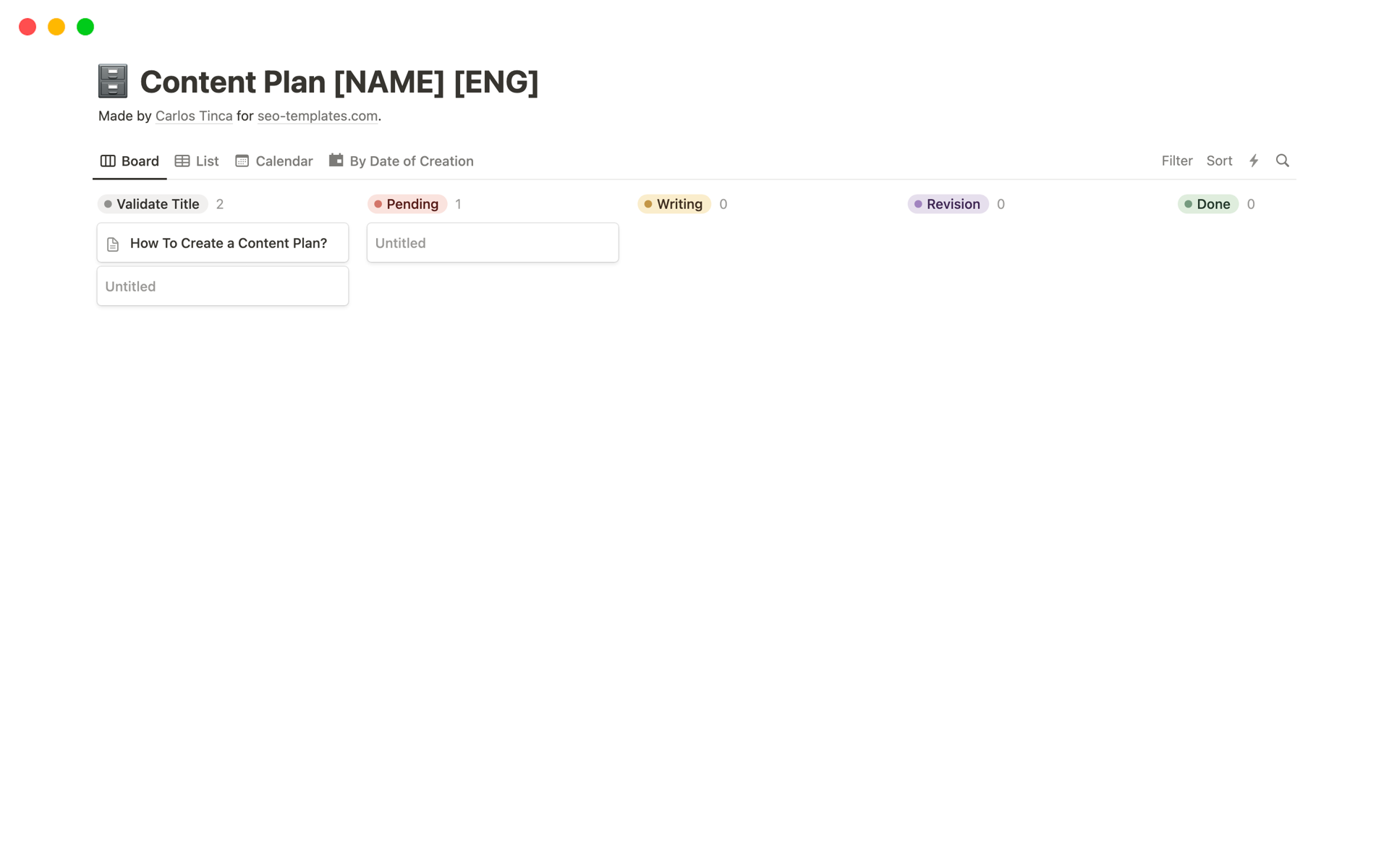 A template preview for Content Plan