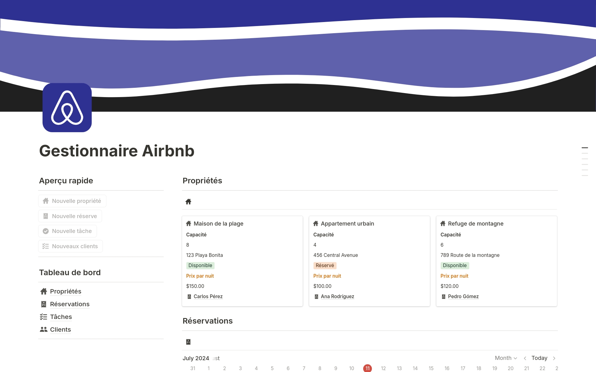 Modèle Gestionnaire Airbnb Marketplace Notion