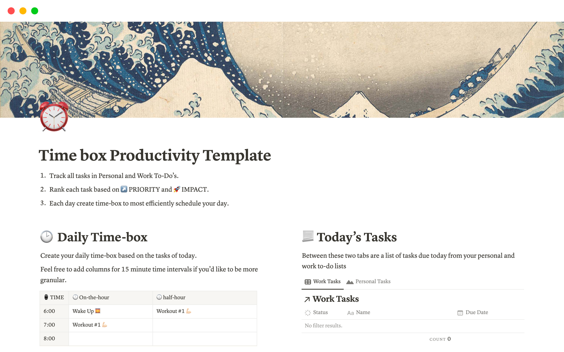 A template preview for Time box Productivity Template