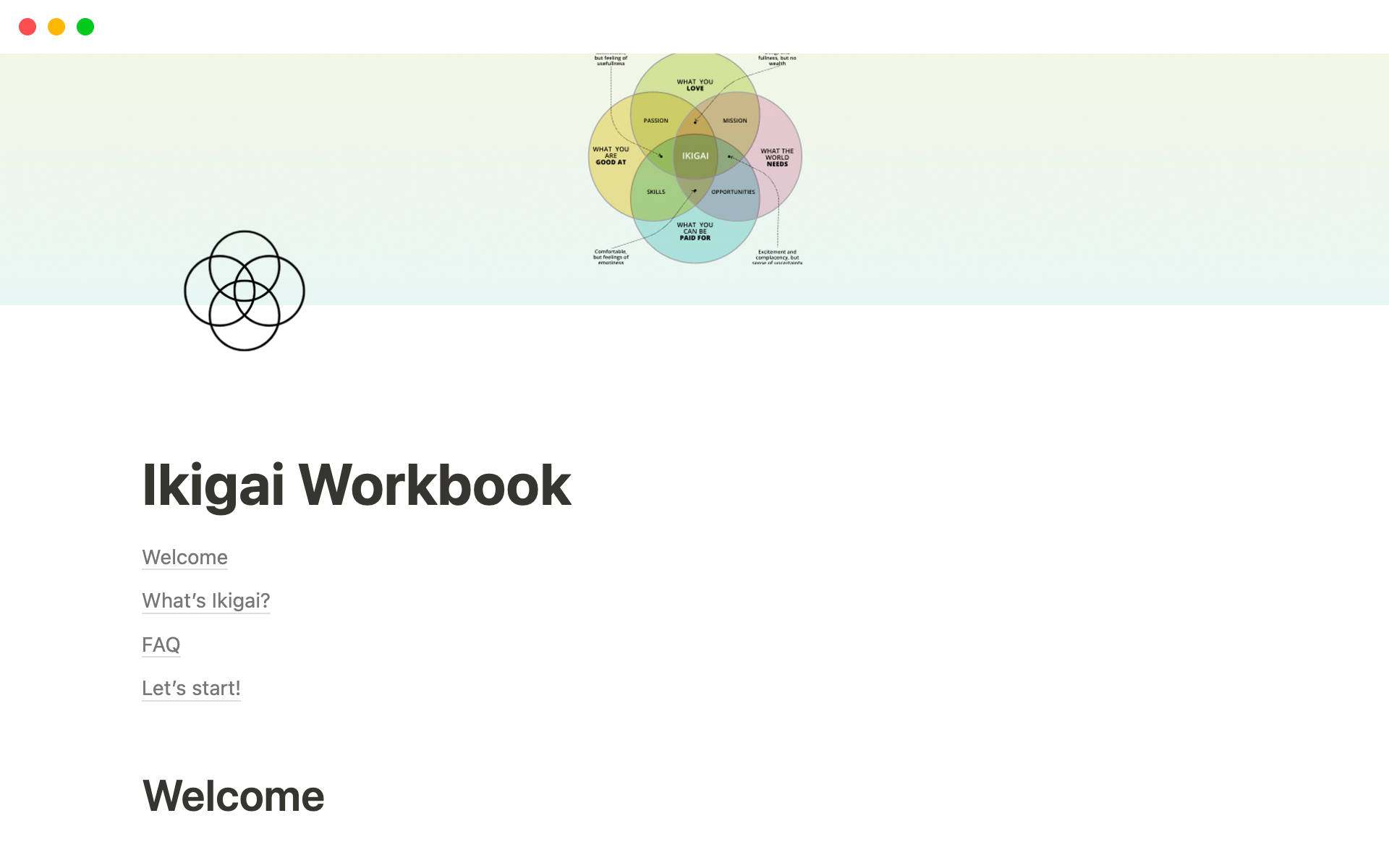En förhandsgranskning av mallen för Ikigai Workbook