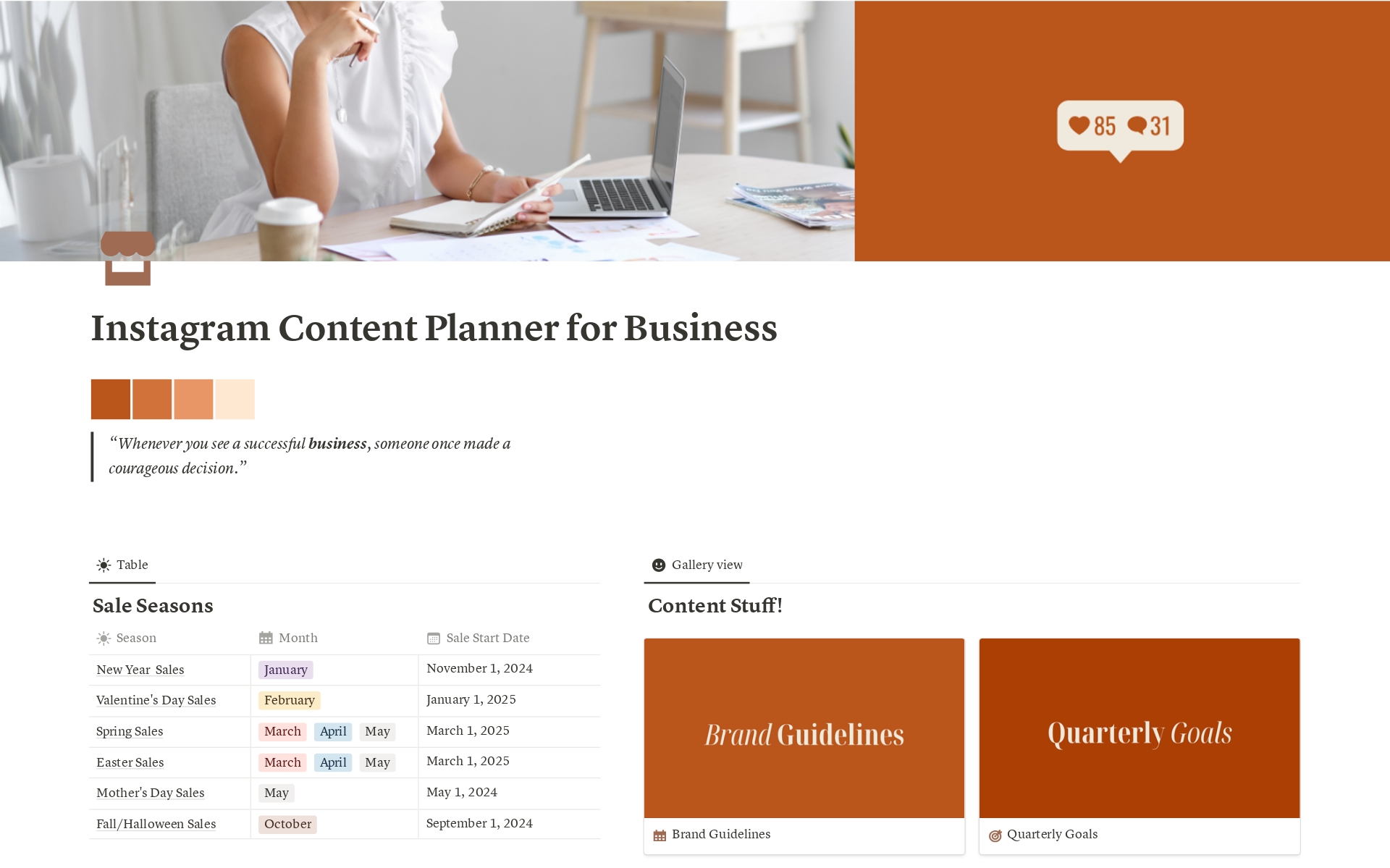 Uma prévia do modelo para Instagram Content Planner for Business