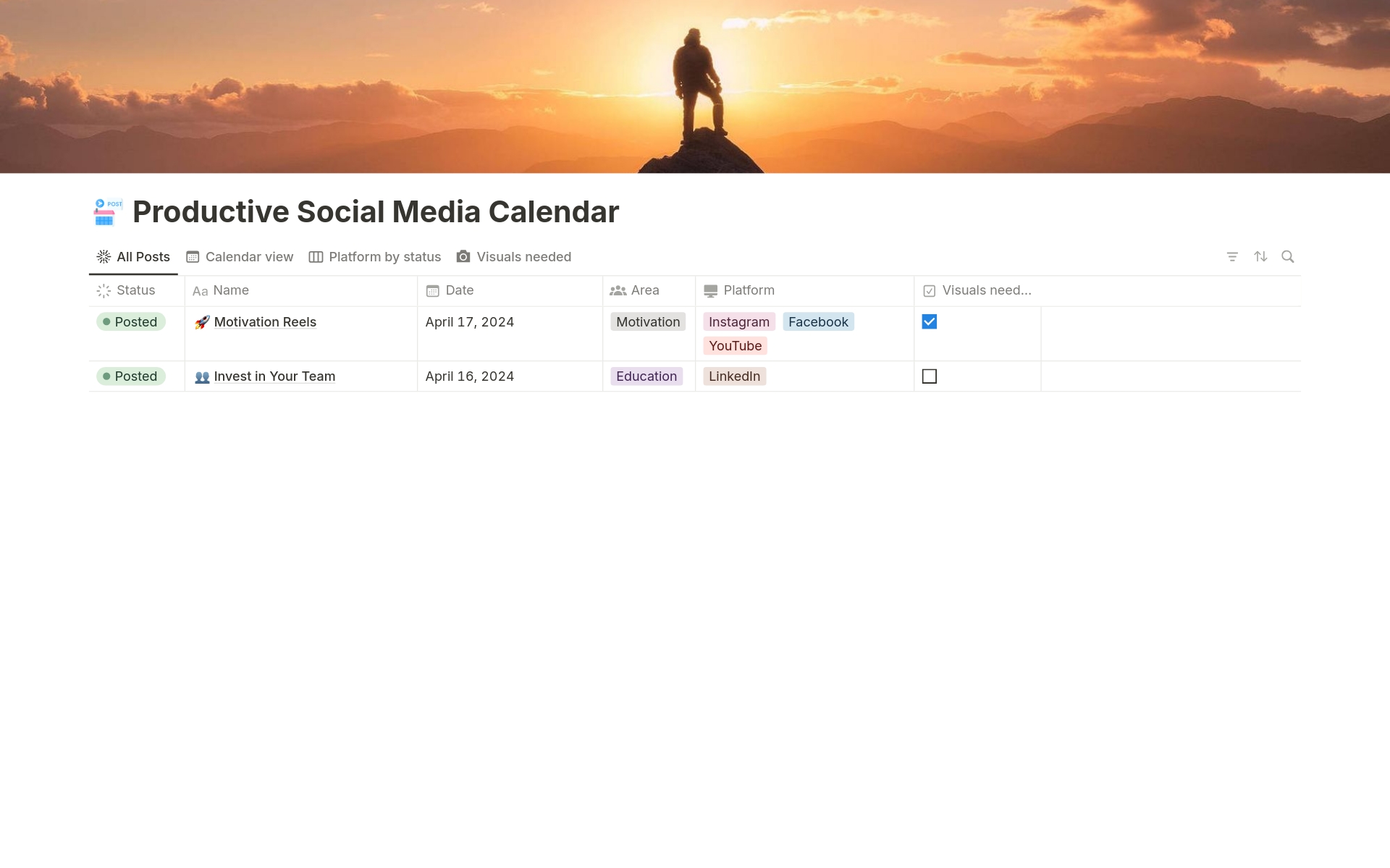 A template preview for Productive Social Media Calendar